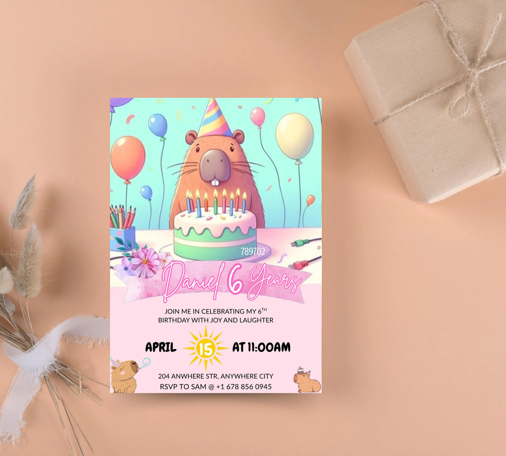 Capybara Birthday Invitation, Capy Birthday Editable Template, Printable Digital Download, Kids Birthday Theme, Instant Download Invitation