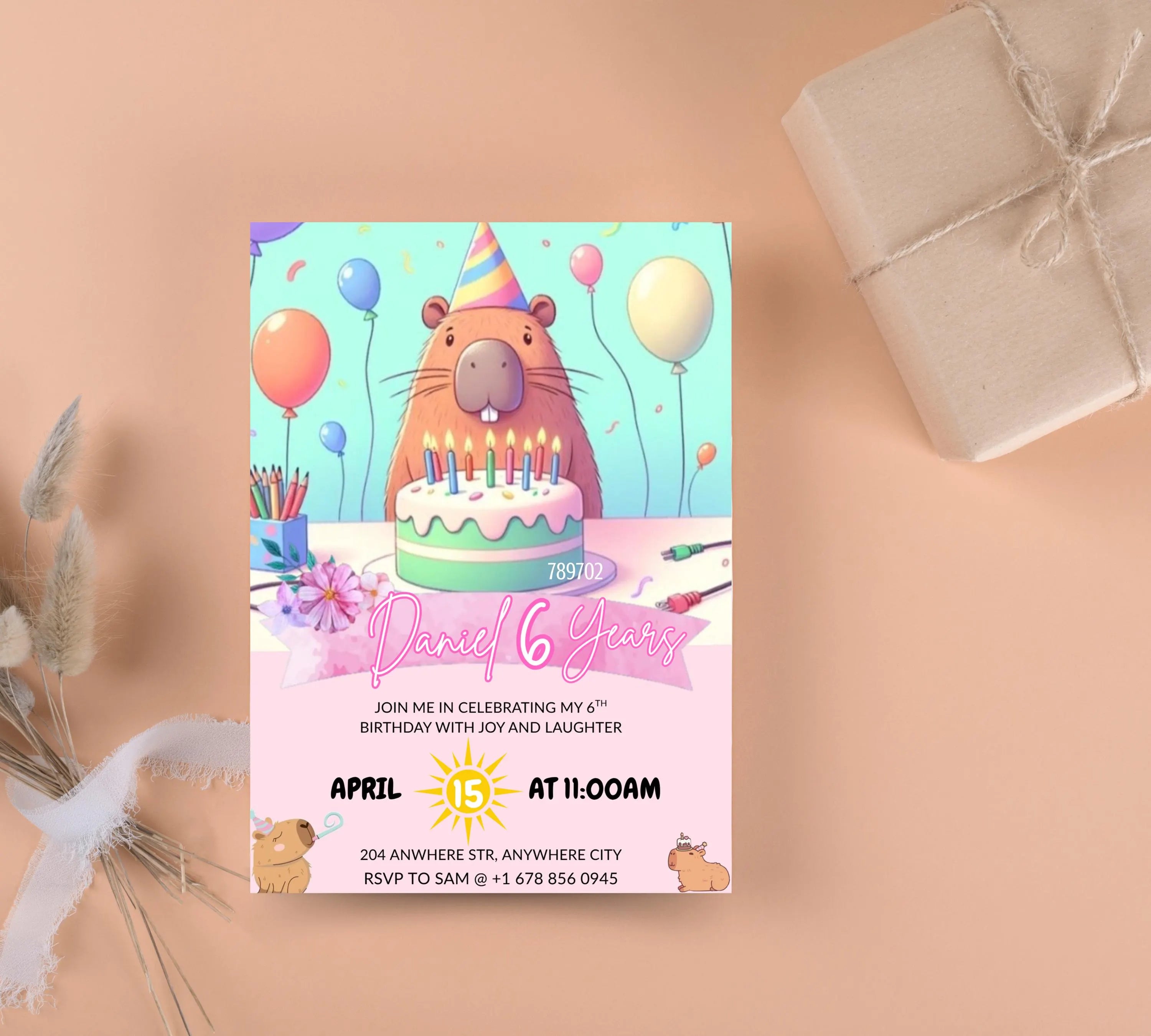Capybara Birthday Invitation, Capy Birthday Editable Template, Printable Digital Download, Kids Birthday Theme, Instant Download Invitation