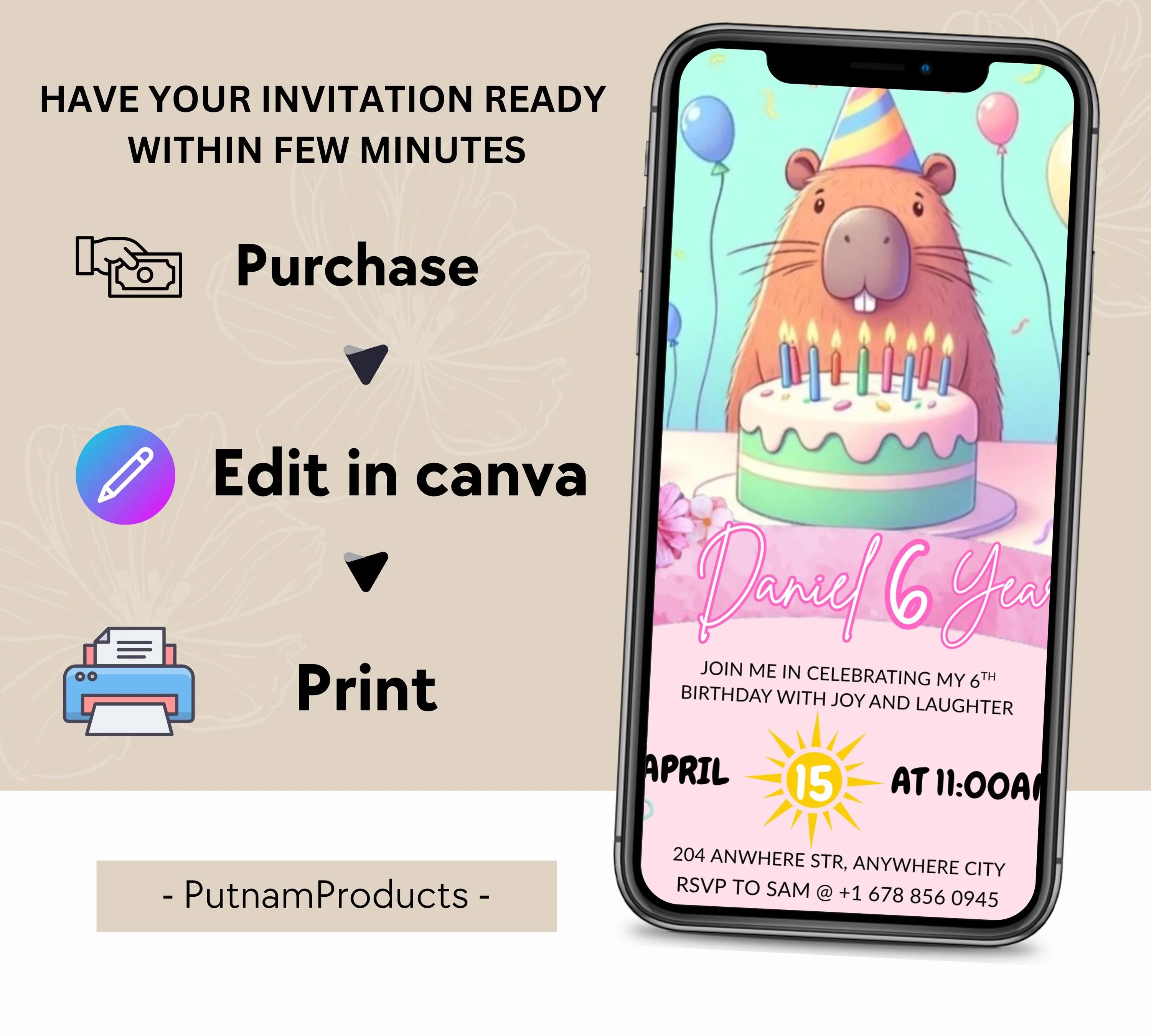 Capybara Birthday Invitation, Capy Birthday Editable Template, Printable Digital Download, Kids Birthday Theme, Instant Download Invitation