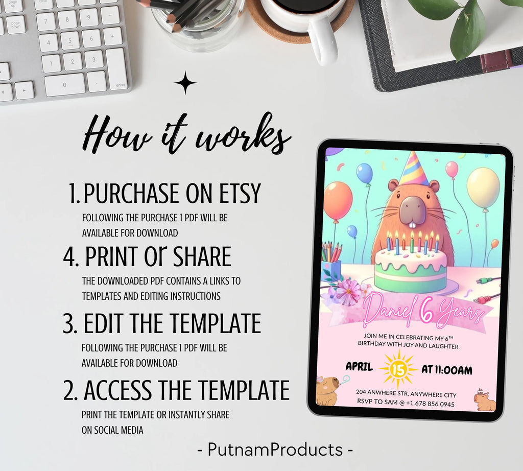 Capybara Birthday Invitation, Capy Birthday Editable Template, Printable Digital Download, Kids Birthday Theme, Instant Download Invitation