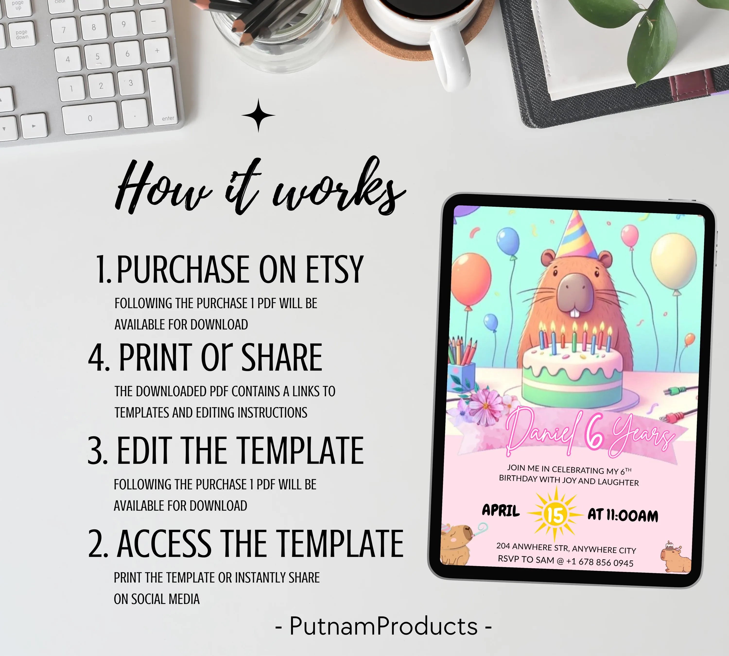 Capybara Birthday Invitation, Capy Birthday Editable Template, Printable Digital Download, Kids Birthday Theme, Instant Download Invitation