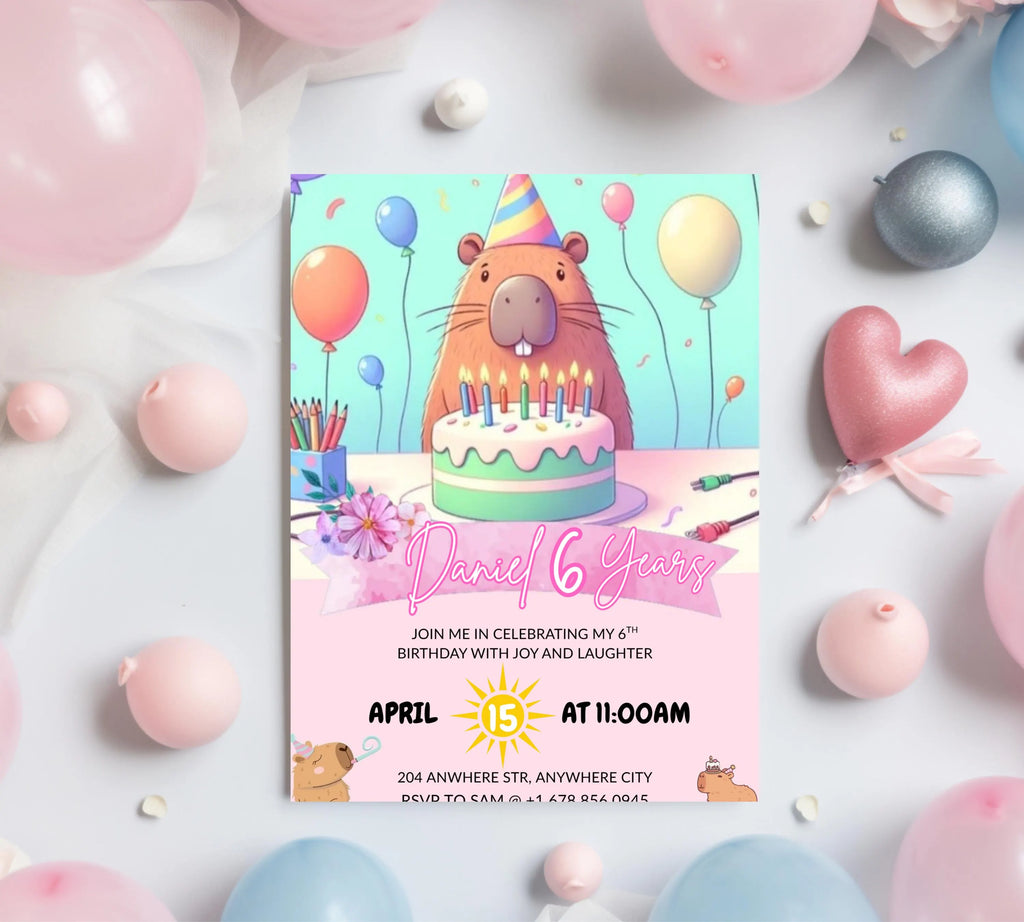 Capybara Birthday Invitation, Capy Birthday Editable Template, Printable Digital Download, Kids Birthday Theme, Instant Download Invitation