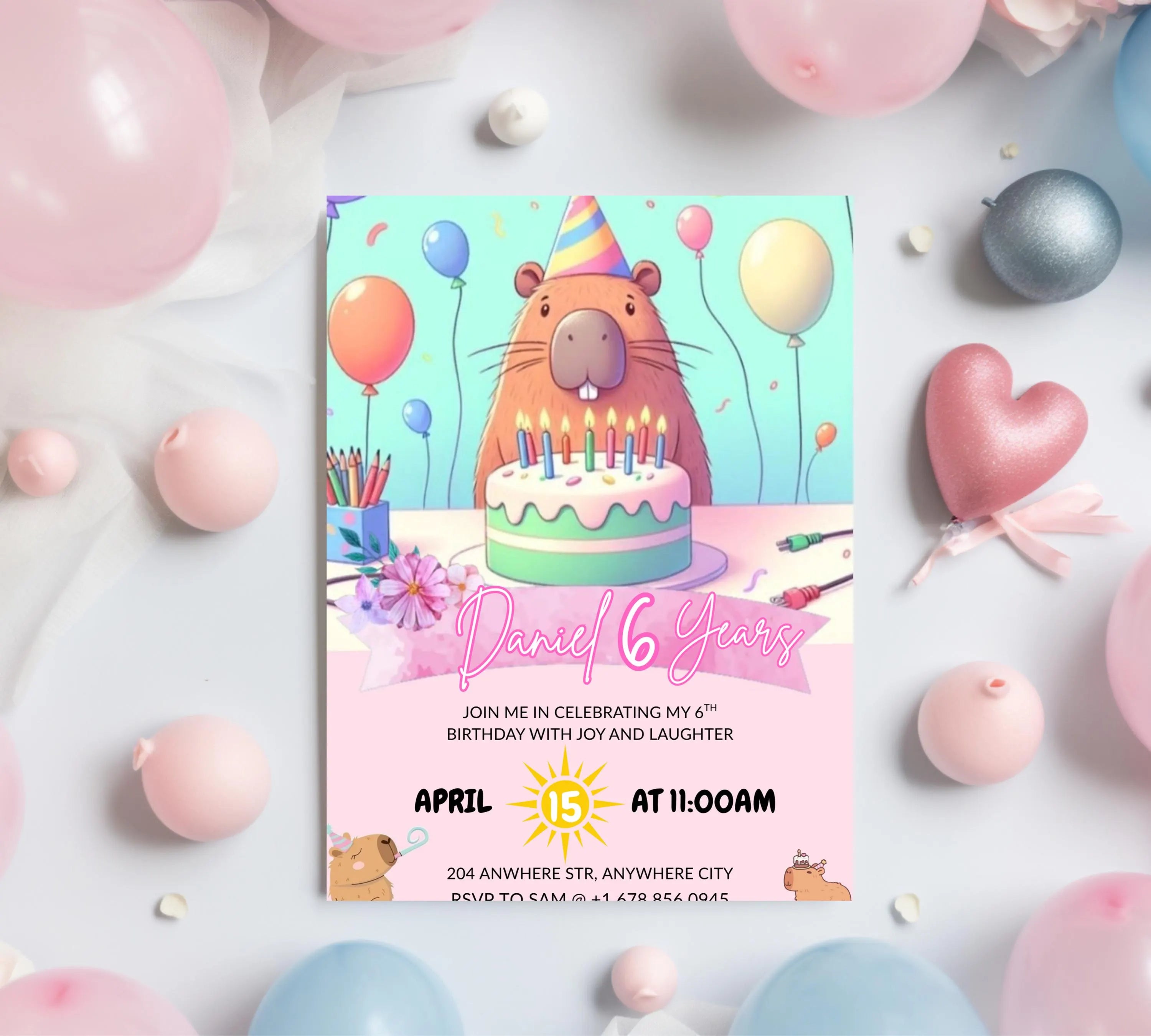 Capybara Birthday Invitation, Capy Birthday Editable Template, Printable Digital Download, Kids Birthday Theme, Instant Download Invitation