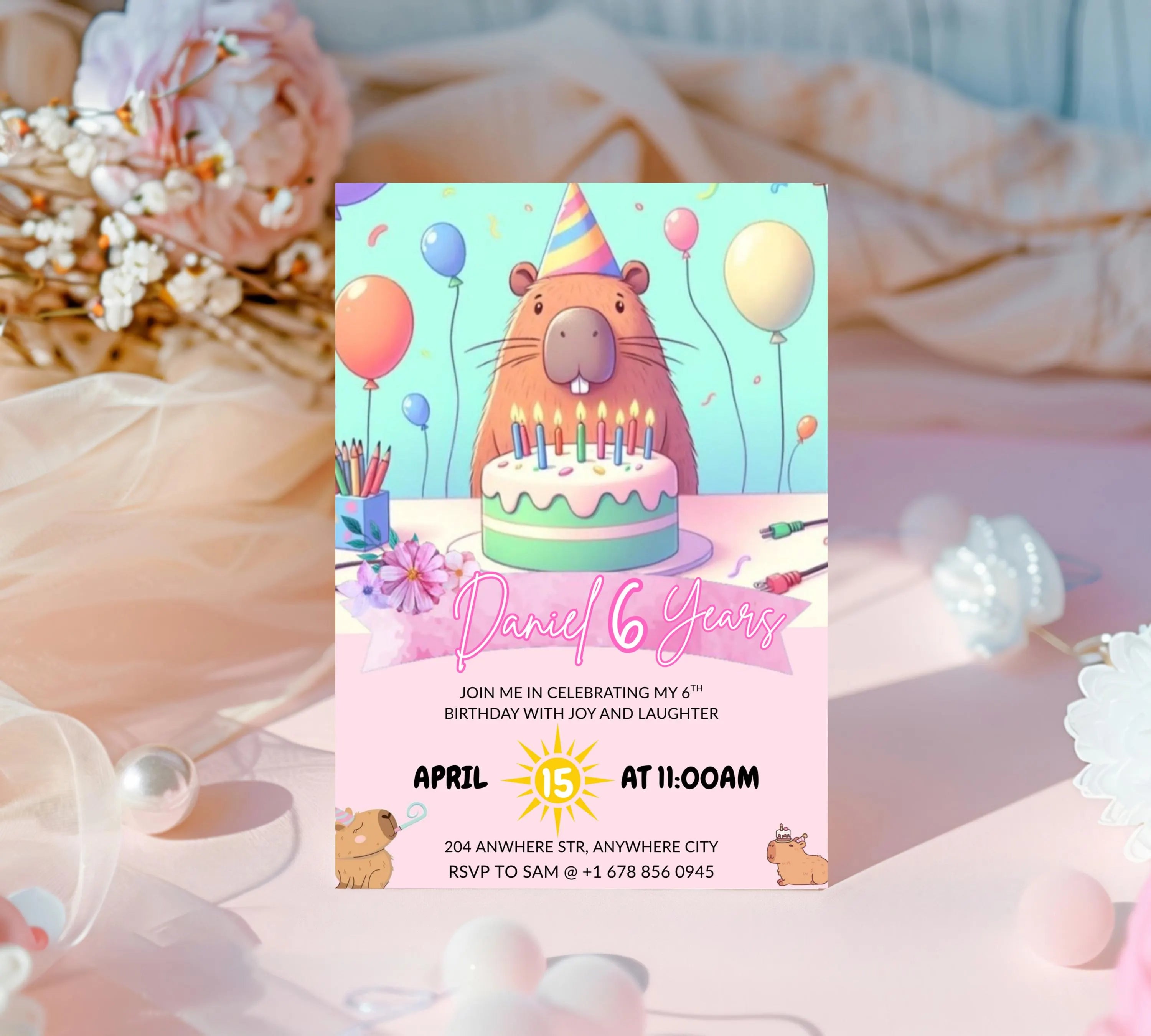Capybara Birthday Invitation, Capy Birthday Editable Template, Printable Digital Download, Kids Birthday Theme, Instant Download Invitation