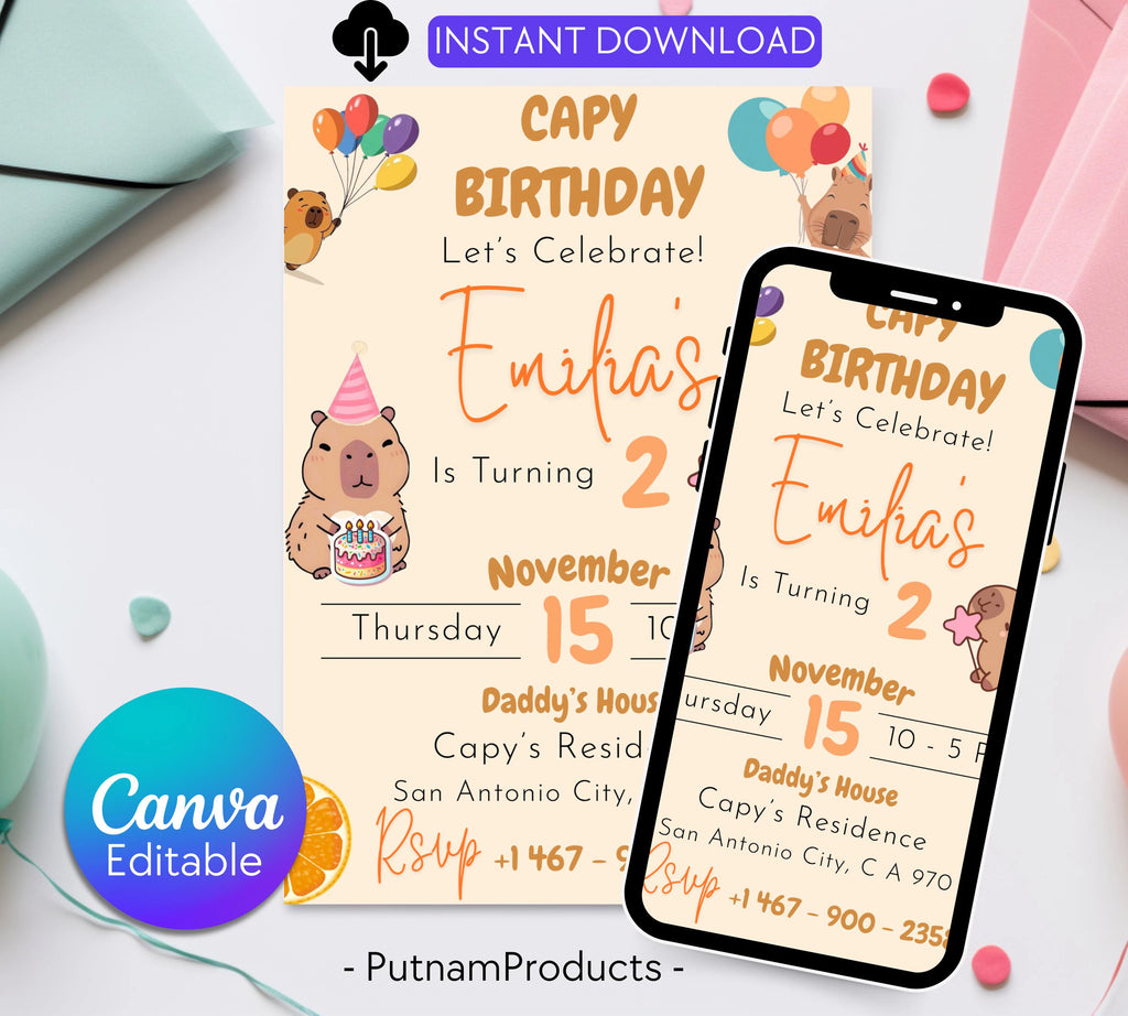 Editable Capybara Birthday Invitation, Capy Birthday Template, Printable Digital Download, Kids Birthday Theme, Instant Download Invitation