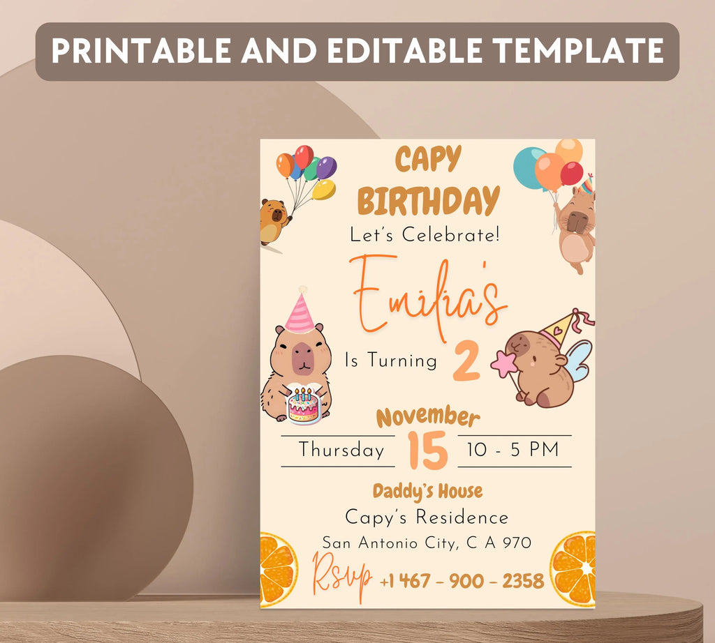Editable Capybara Birthday Invitation, Capy Birthday Template, Printable Digital Download, Kids Birthday Theme, Instant Download Invitation