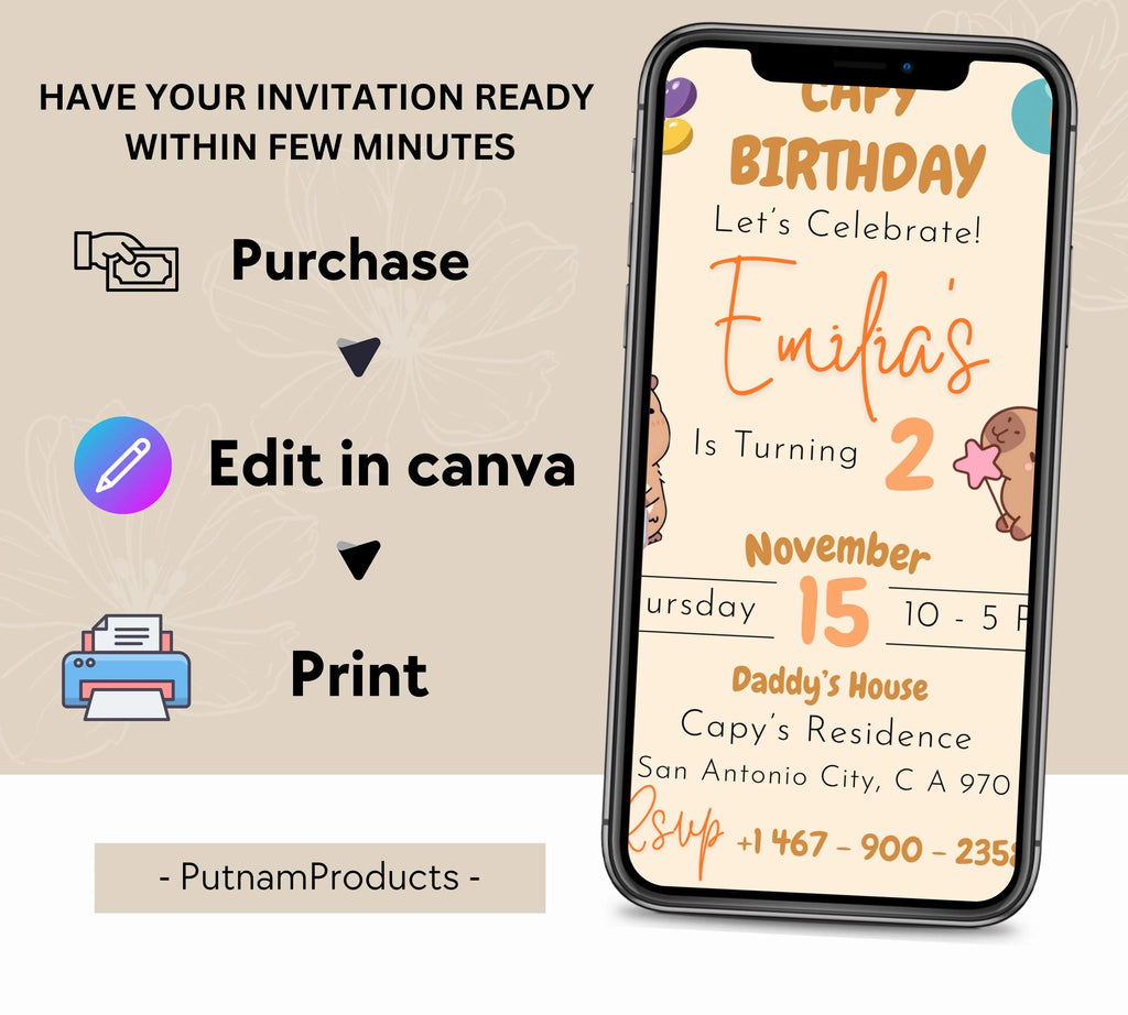 Editable Capybara Birthday Invitation, Capy Birthday Template, Printable Digital Download, Kids Birthday Theme, Instant Download Invitation