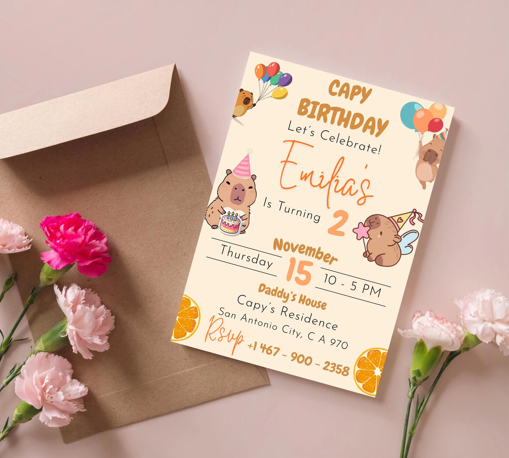 Editable Capybara Birthday Invitation, Capy Birthday Template, Printable Digital Download, Kids Birthday Theme, Instant Download Invitation