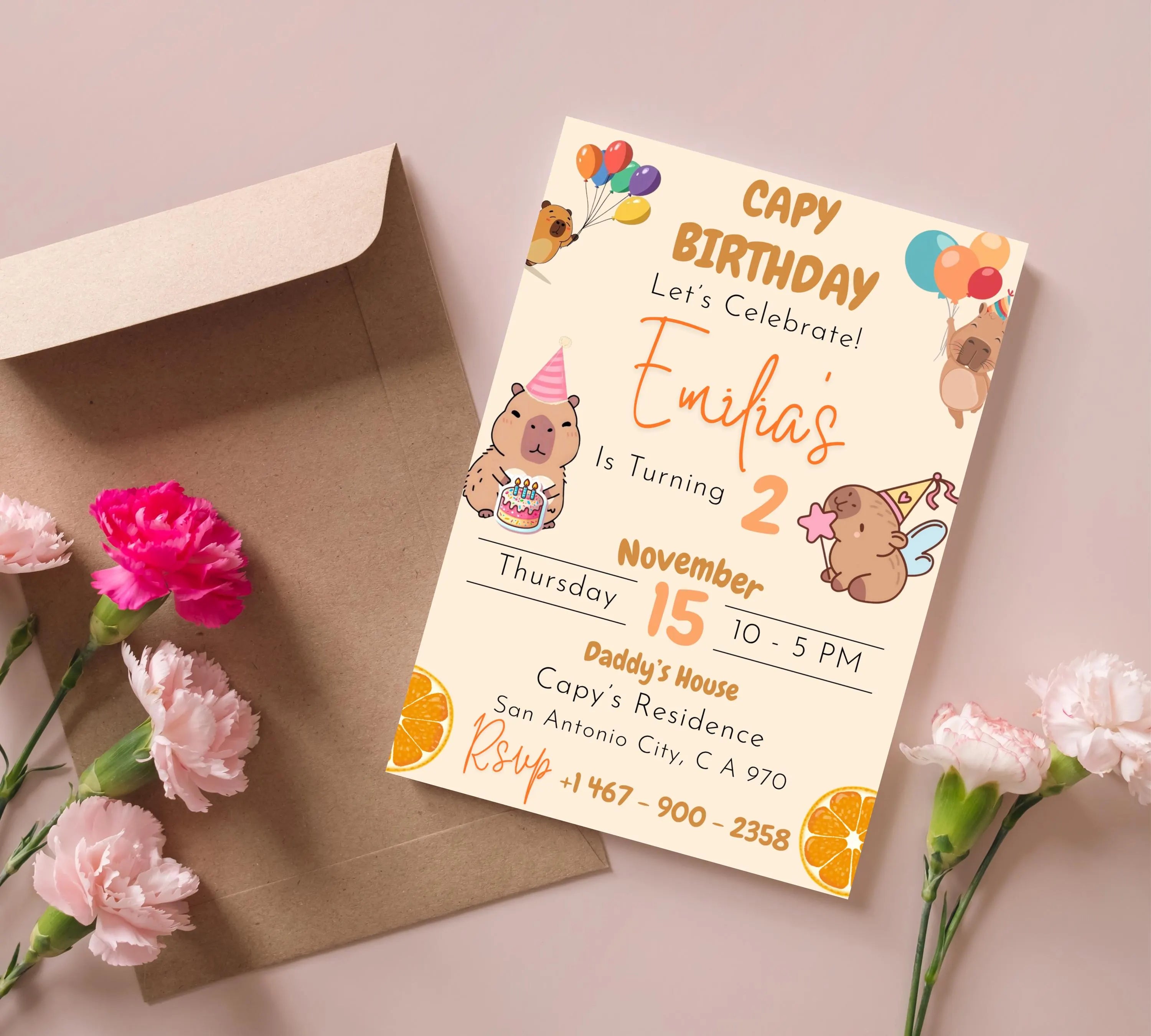Editable Capybara Birthday Invitation, Capy Birthday Template, Printable Digital Download, Kids Birthday Theme, Instant Download Invitation