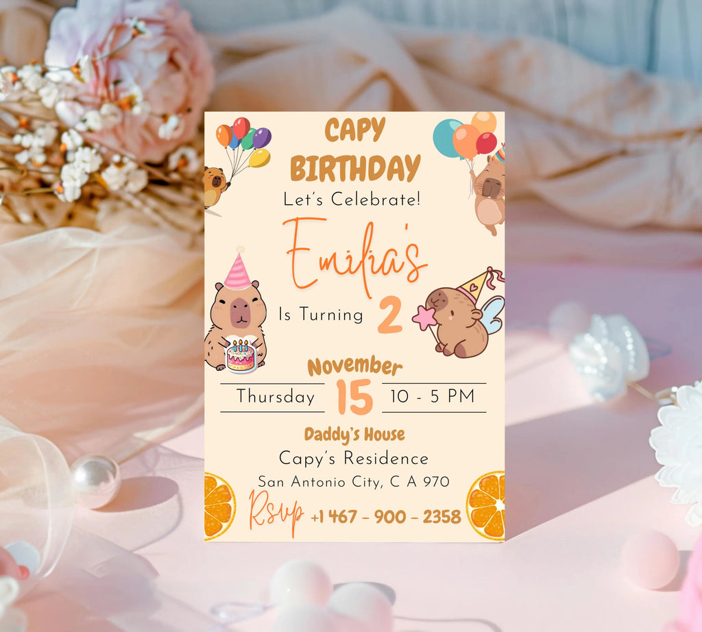 Editable Capybara Birthday Invitation, Capy Birthday Template, Printable Digital Download, Kids Birthday Theme, Instant Download Invitation
