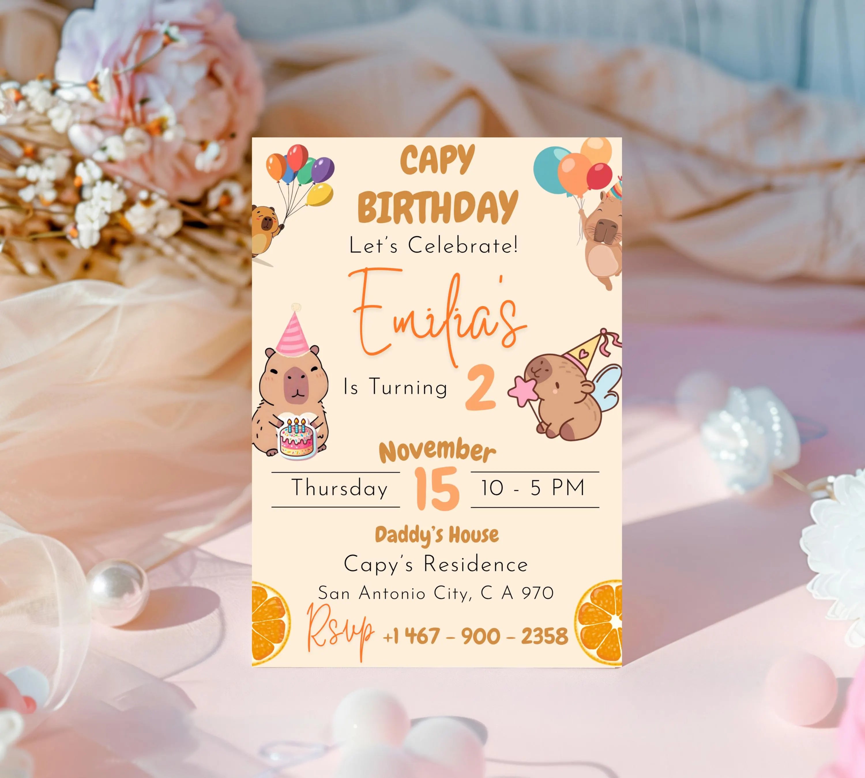 Editable Capybara Birthday Invitation, Capy Birthday Template, Printable Digital Download, Kids Birthday Theme, Instant Download Invitation