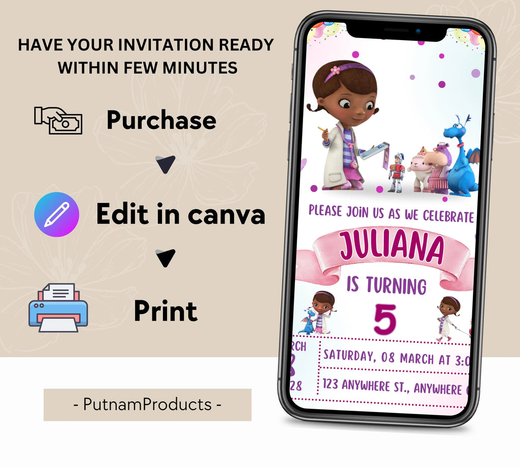 Editable Doc Mcstuffins Birthday Invitation Template, Printable DocMcstuffins Party Invitations, Digital Kids Party Invite, Instant Download