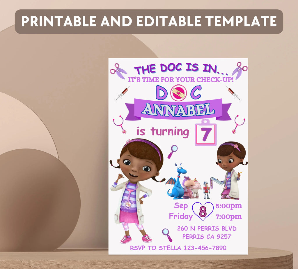 Doc Mcstuffins Birthday Invitation Template, Printable DocMcstuffins Party Invitations, Digital Kids Party Invite, Instant Download Template