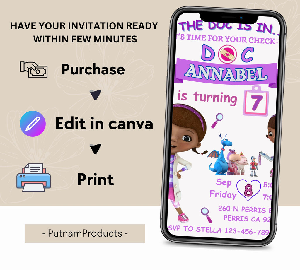 Doc Mcstuffins Birthday Invitation Template, Printable DocMcstuffins Party Invitations, Digital Kids Party Invite, Instant Download Template