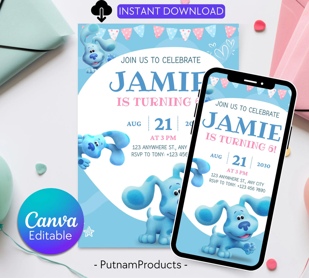 Editable Blues Clues Birthday Invitation, Editable Blue Puppy Printable Invitation, Blues Clues Kids Digital Party Invite, Instant Download
