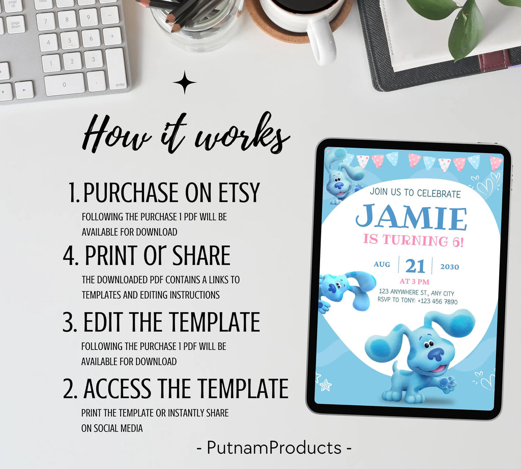 Editable Blues Clues Birthday Invitation, Editable Blue Puppy Printable Invitation, Blues Clues Kids Digital Party Invite, Instant Download