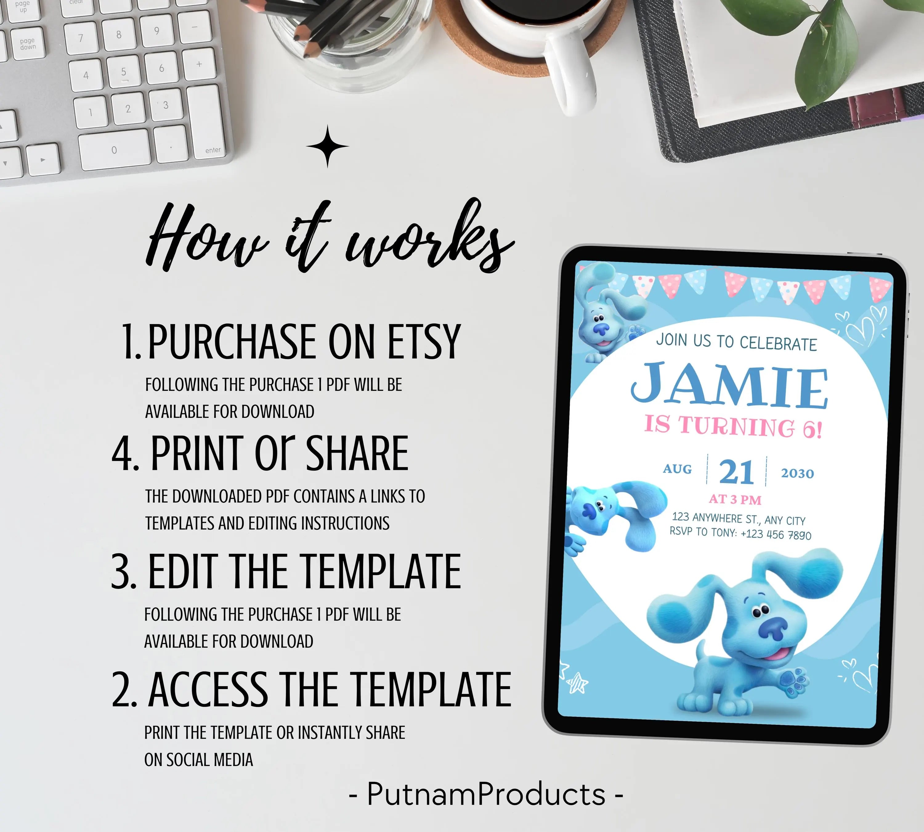 Editable Blues Clues Birthday Invitation, Editable Blue Puppy Printable Invitation, Blues Clues Kids Digital Party Invite, Instant Download