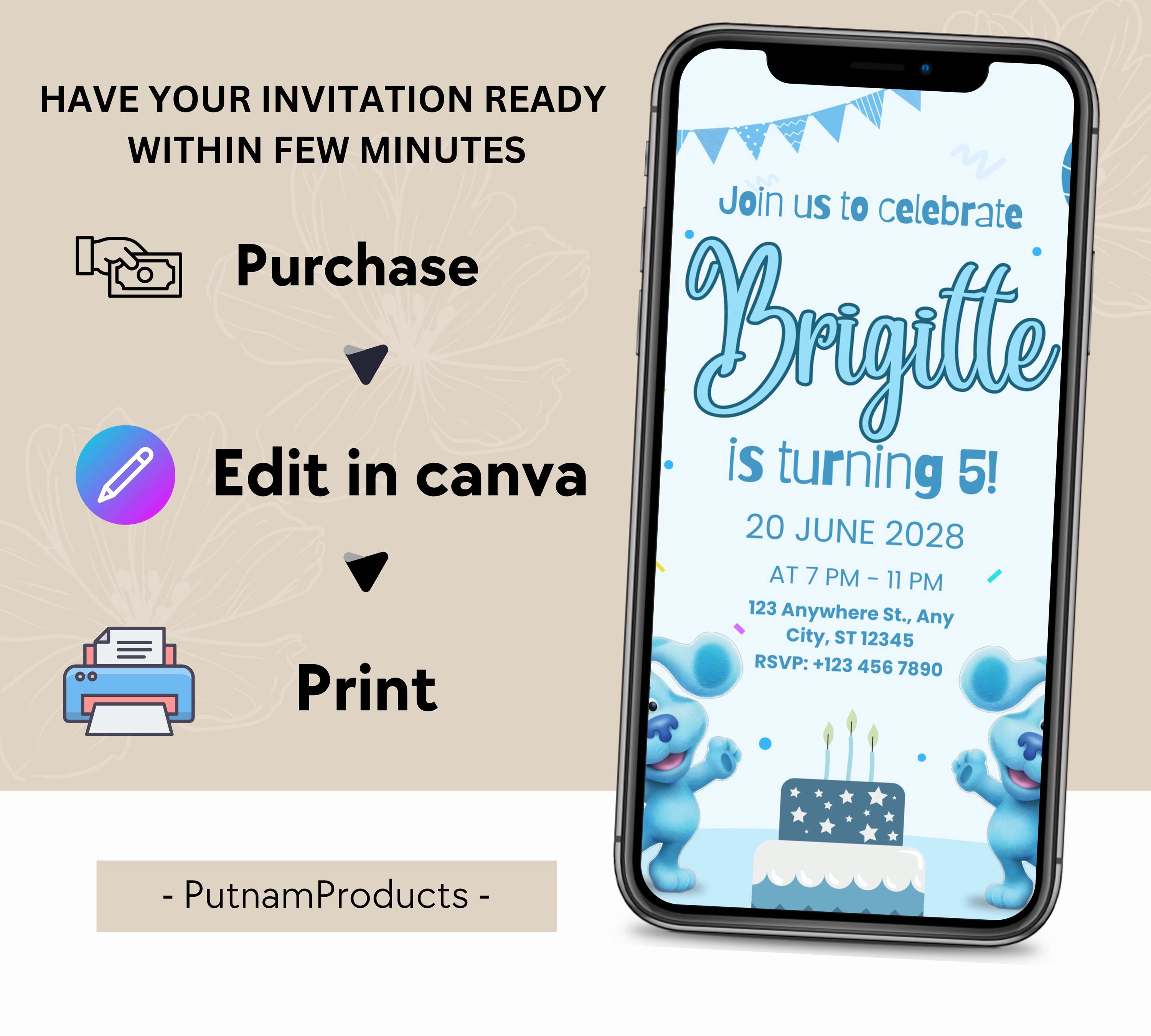 Editable Blues Clues Birthday Invitation, Editable Blue Puppy Printable Invitation, Blues Clues Kids Digital Party Invite, Instant Download