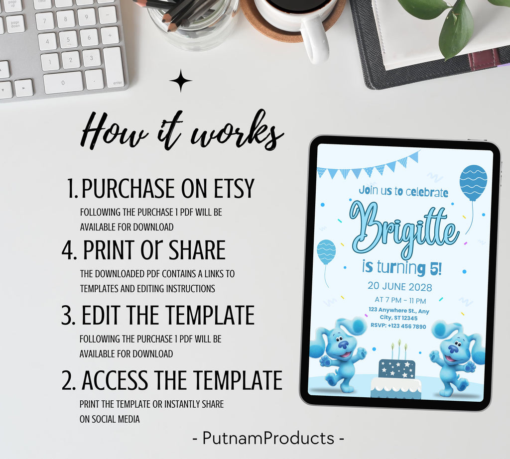 Editable Blues Clues Birthday Invitation, Editable Blue Puppy Printable Invitation, Blues Clues Kids Digital Party Invite, Instant Download