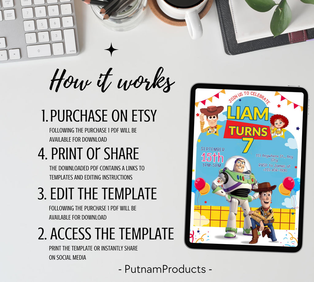 Editable Toy Story Birthday Invitation Template, Kids Birthday Party Invitation, Birthday Editable Canva, DIY Birthday Invitation