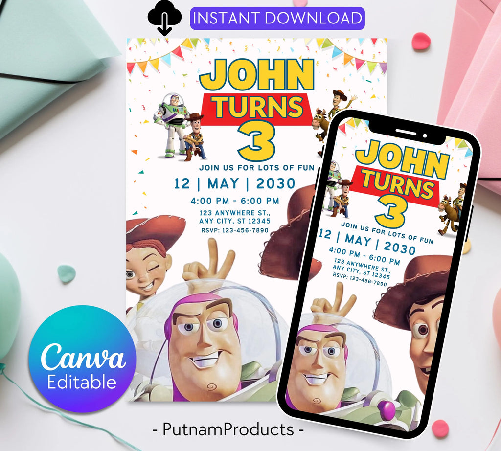Editable Toy Story Invitation Template, Toy Story Kids Birthday Party Invite, Digital Invitation, Kids Invite, Woody, Buzz Lightyear Invite