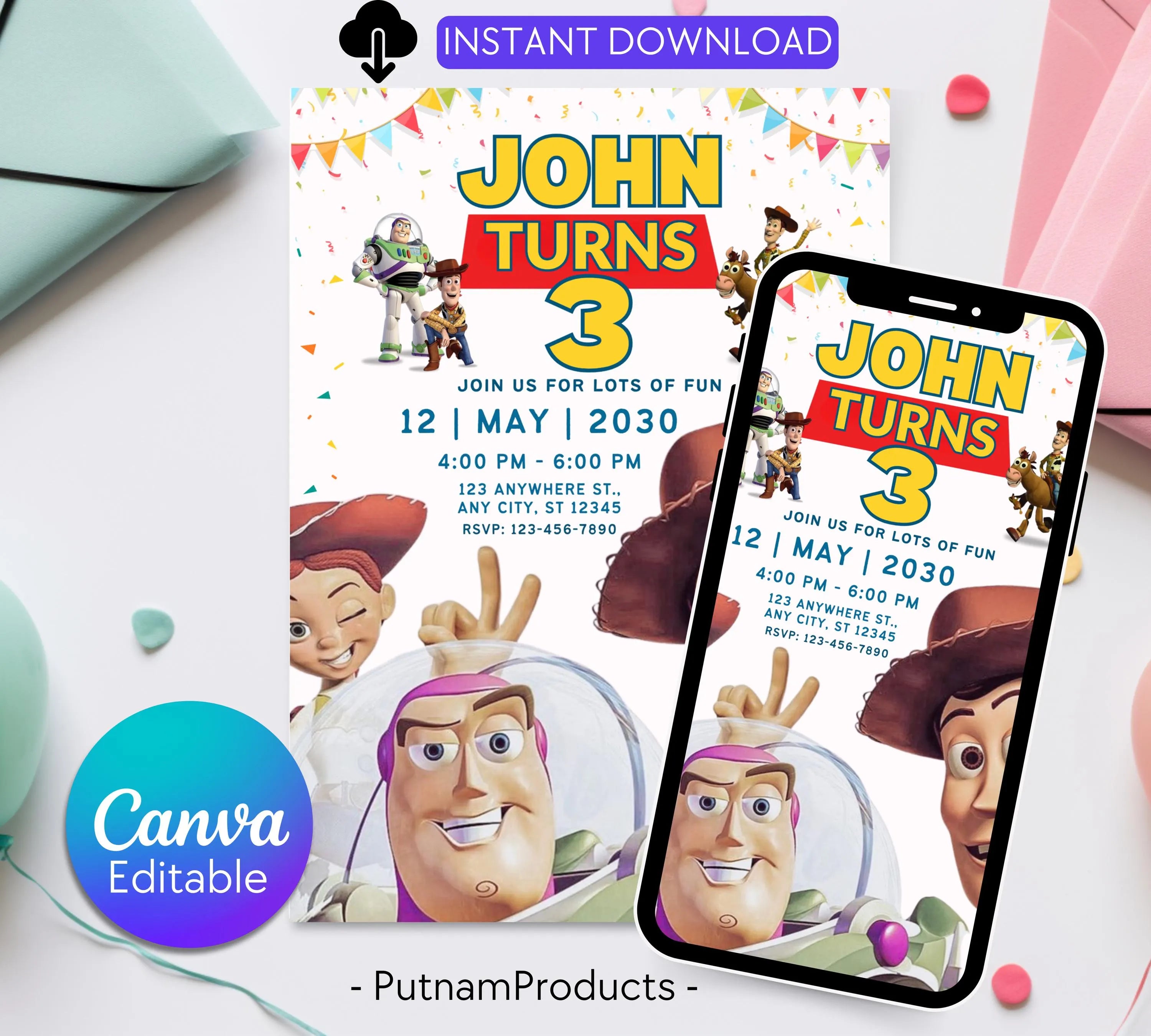 Editable Toy Story Invitation Template, Toy Story Kids Birthday Party Invite, Digital Invitation, Kids Invite, Woody, Buzz Lightyear Invite