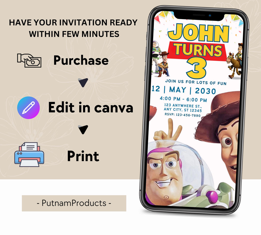 Editable Toy Story Invitation Template, Toy Story Kids Birthday Party Invite, Digital Invitation, Kids Invite, Woody, Buzz Lightyear Invite