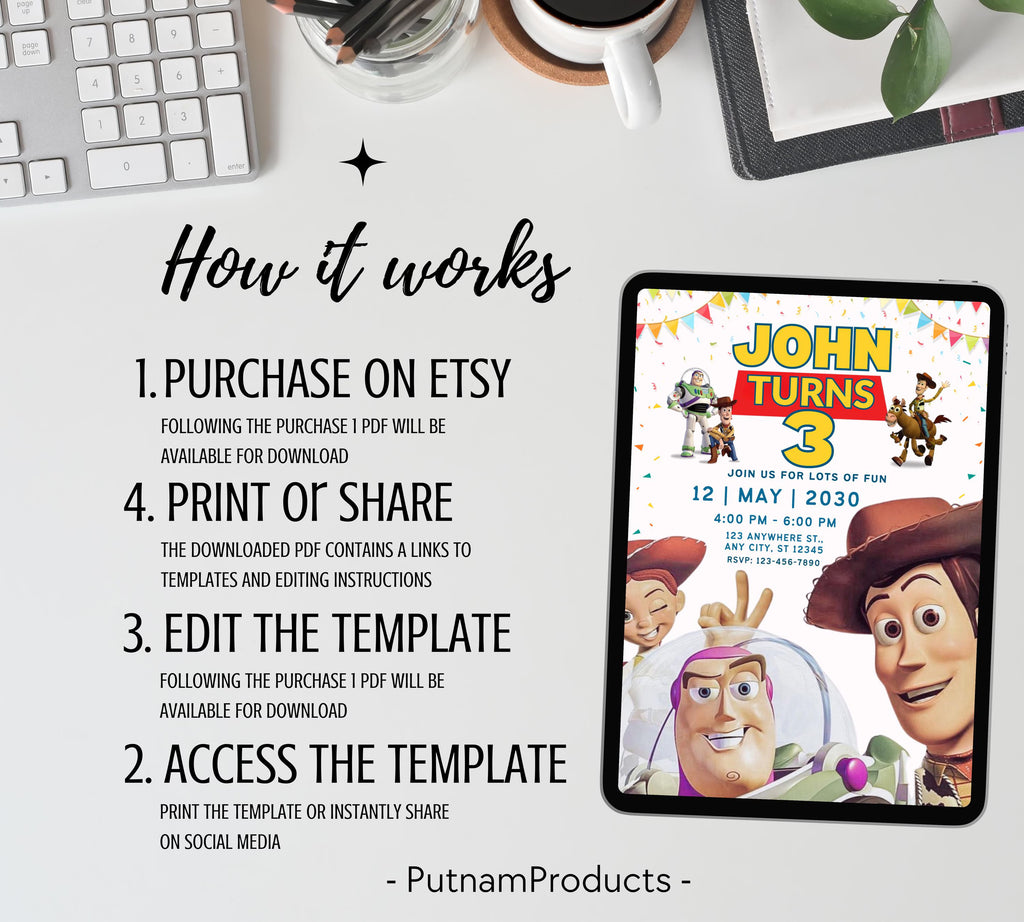 Editable Toy Story Invitation Template, Toy Story Kids Birthday Party Invite, Digital Invitation, Kids Invite, Woody, Buzz Lightyear Invite