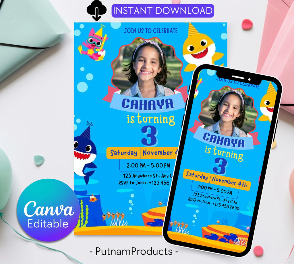 Editable Baby Shark Birthday Invitation, Girl Kids Birthday Party Invite, Kids Imagery birthday invitation, Canva Instant Download