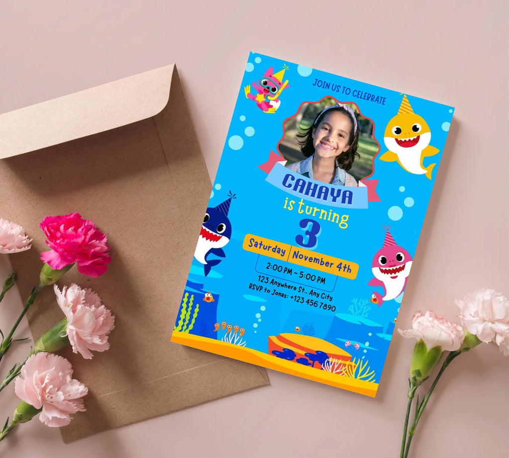 Editable Baby Shark Birthday Invitation, Girl Kids Birthday Party Invite, Kids Imagery birthday invitation, Canva Instant Download