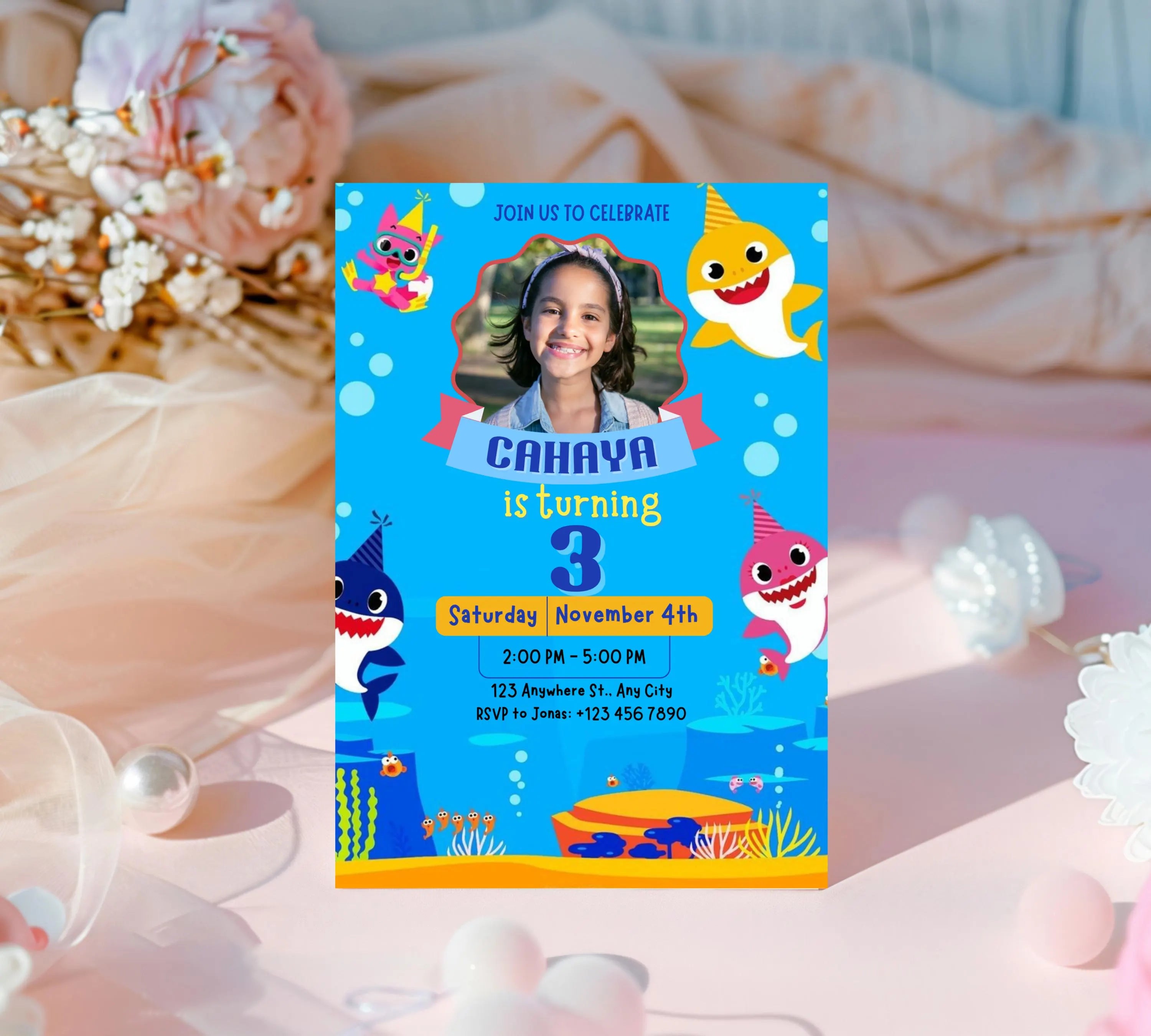 Editable Baby Shark Birthday Invitation, Girl Kids Birthday Party Invite, Kids Imagery birthday invitation, Canva Instant Download