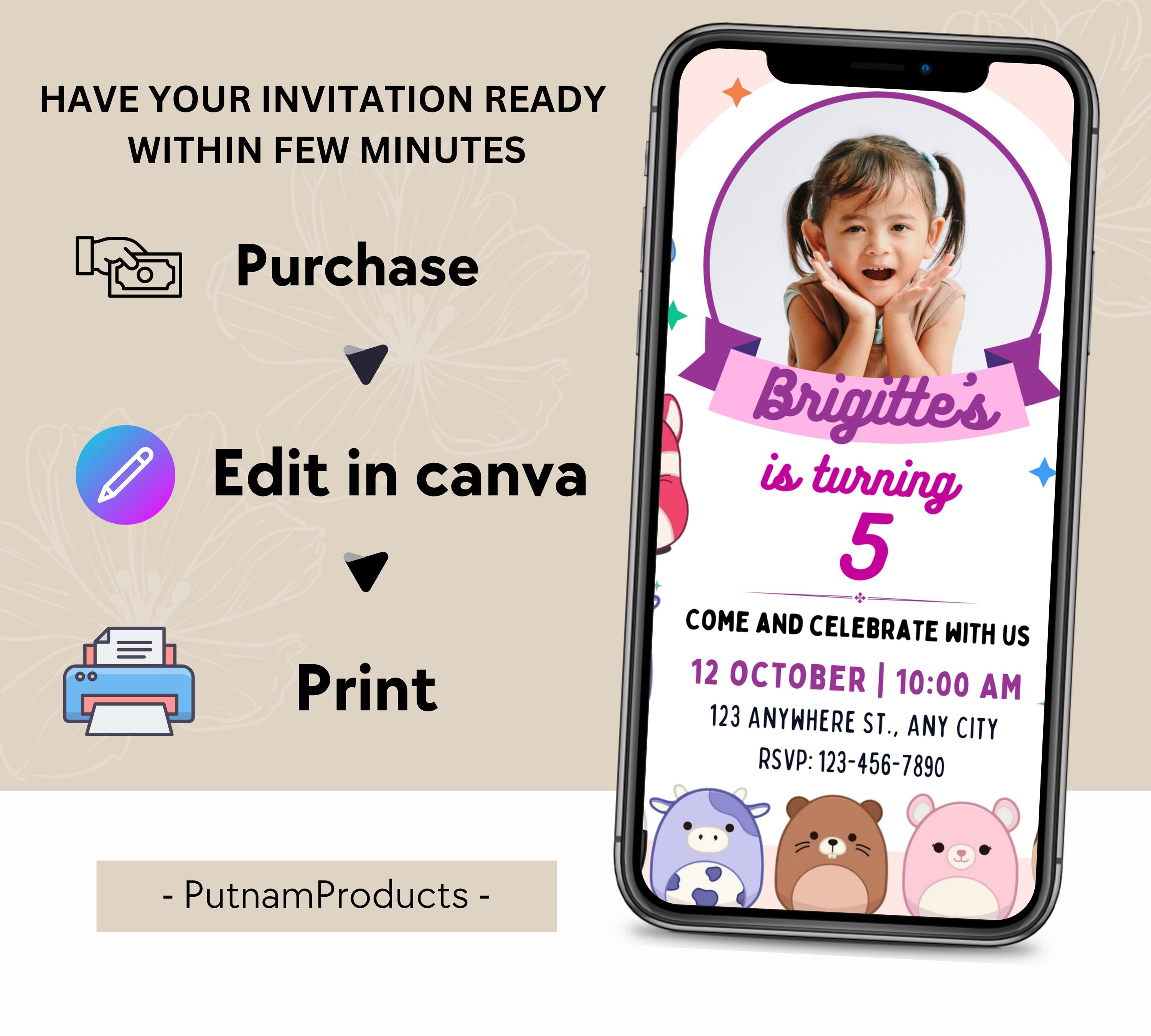 Squishmallow Birthday Invitation, Squish mallow Invite, Squish Birthday Party Printable, Squishy Party Invite, Kids Party Invitation