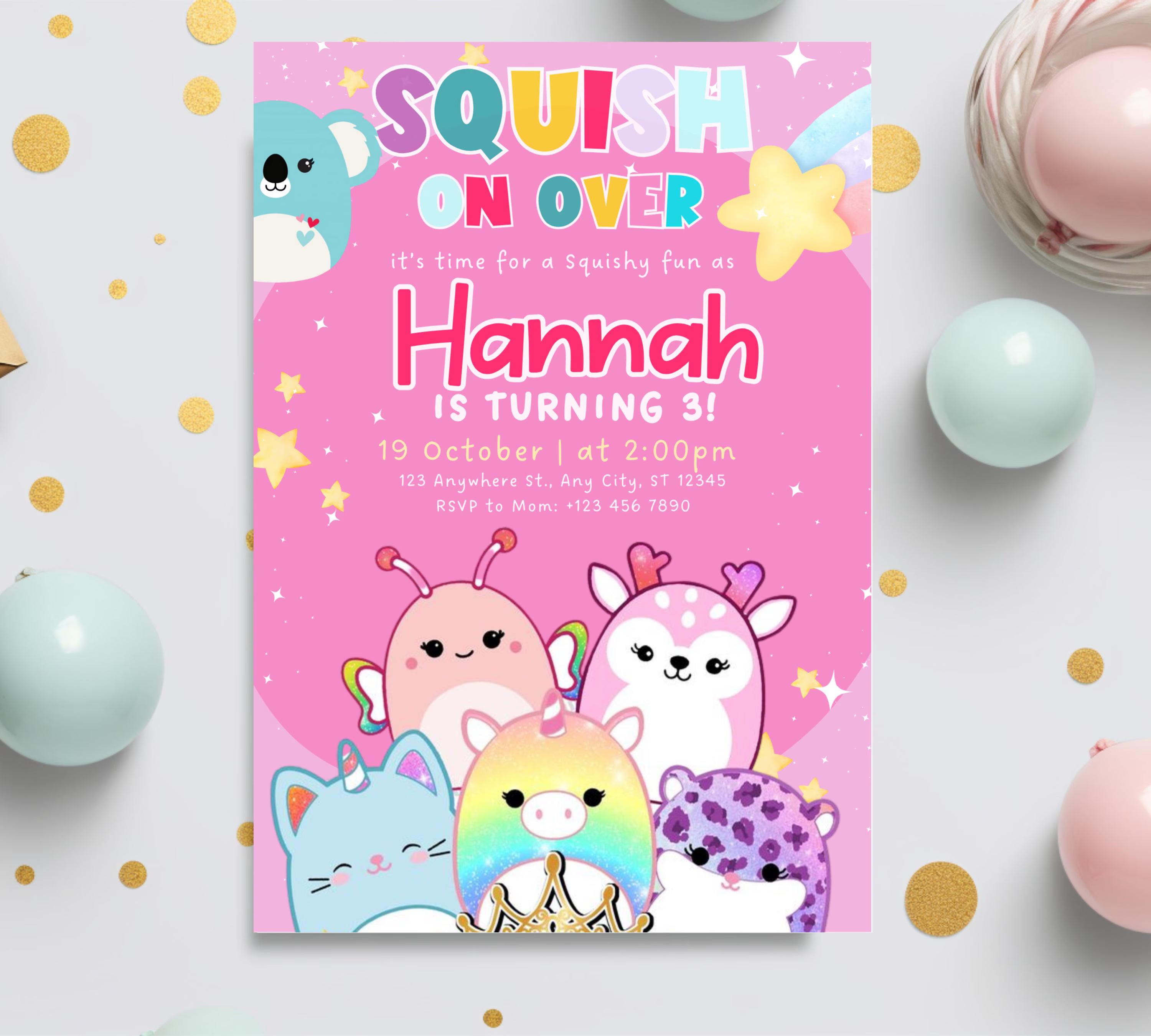 Editable Squishmallow Birthday Invitation, Squishmallow Invitation for Kids, Squish Birthday Party Invite, Digital Kids Party Invitation