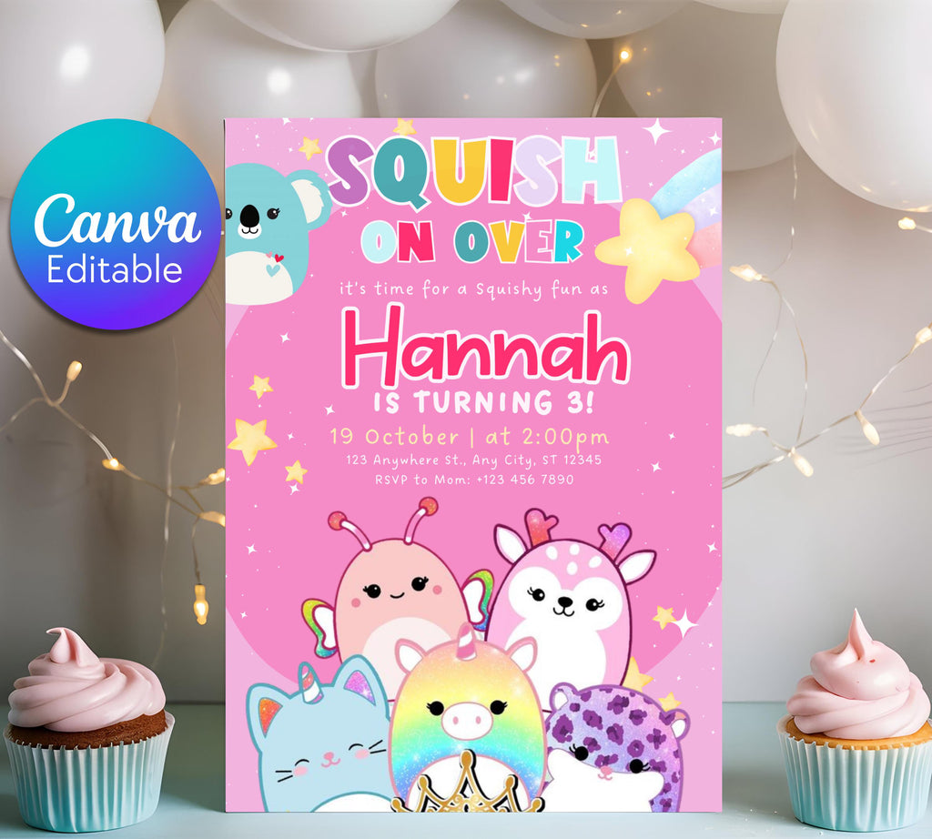 Editable Squishmallow Birthday Invitation, Squishmallow Invitation for Kids, Squish Birthday Party Invite, Digital Kids Party Invitation