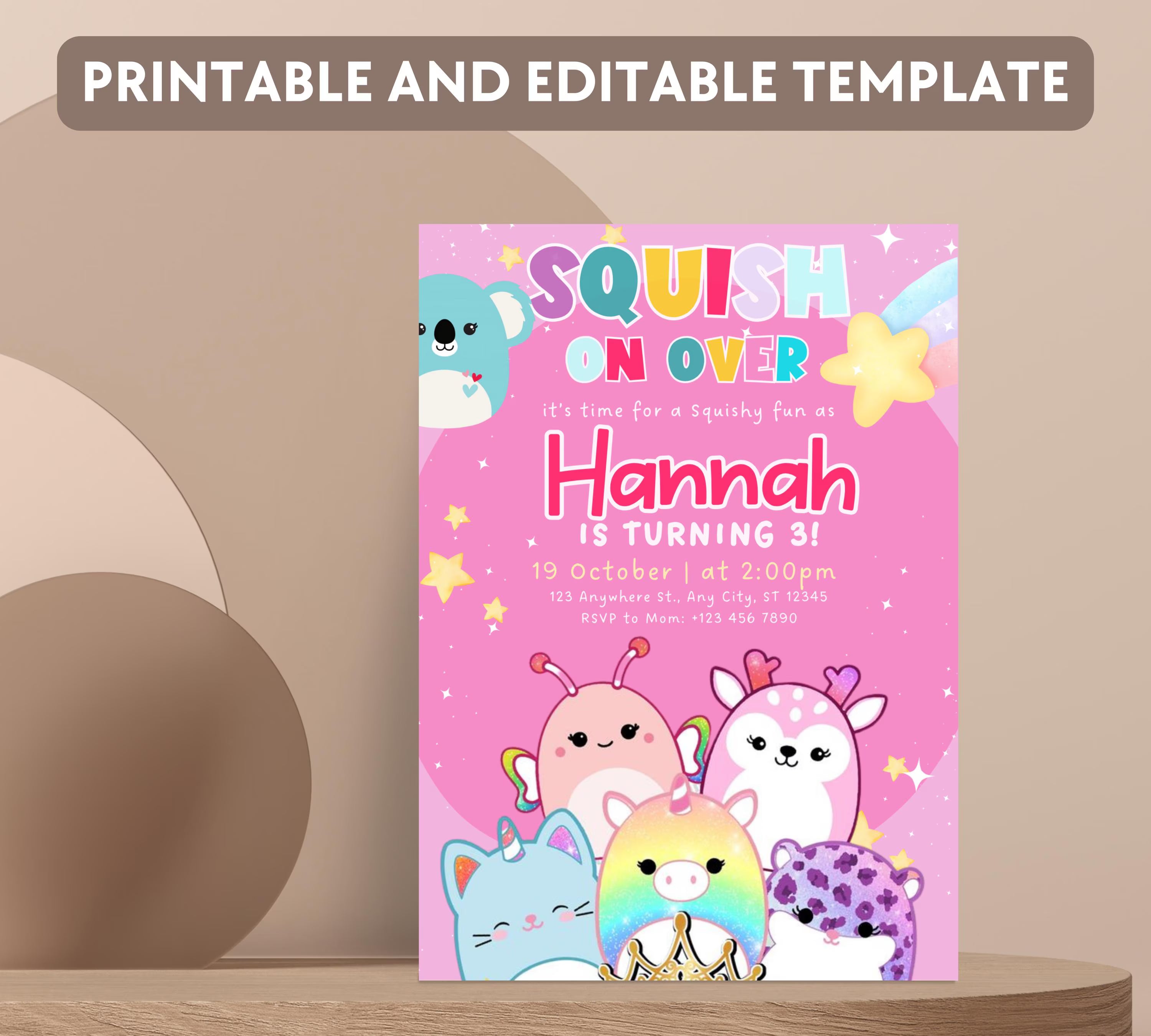 Editable Squishmallow Birthday Invitation, Squishmallow Invitation for Kids, Squish Birthday Party Invite, Digital Kids Party Invitation