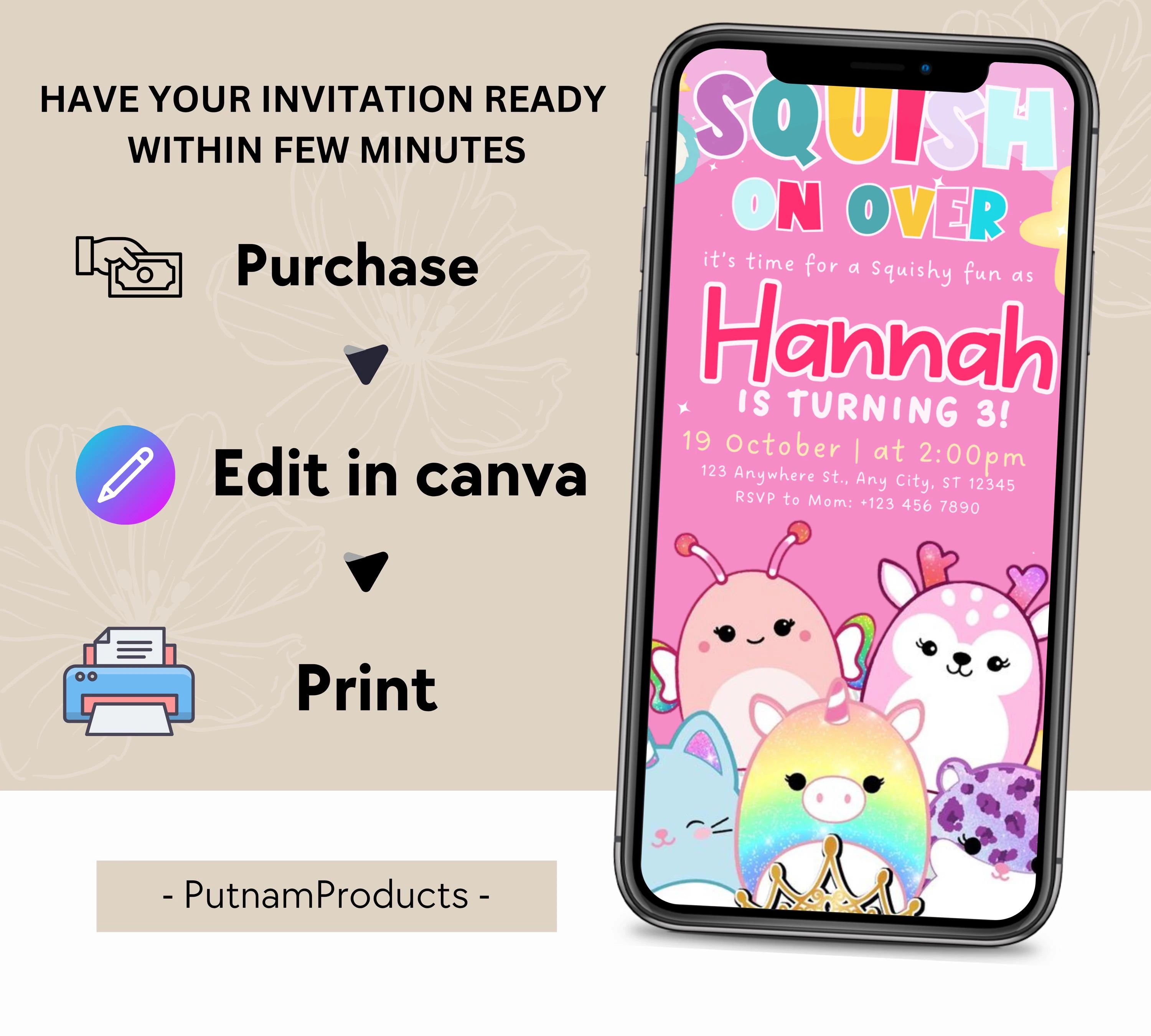 Editable Squishmallow Birthday Invitation, Squishmallow Invitation for Kids, Squish Birthday Party Invite, Digital Kids Party Invitation