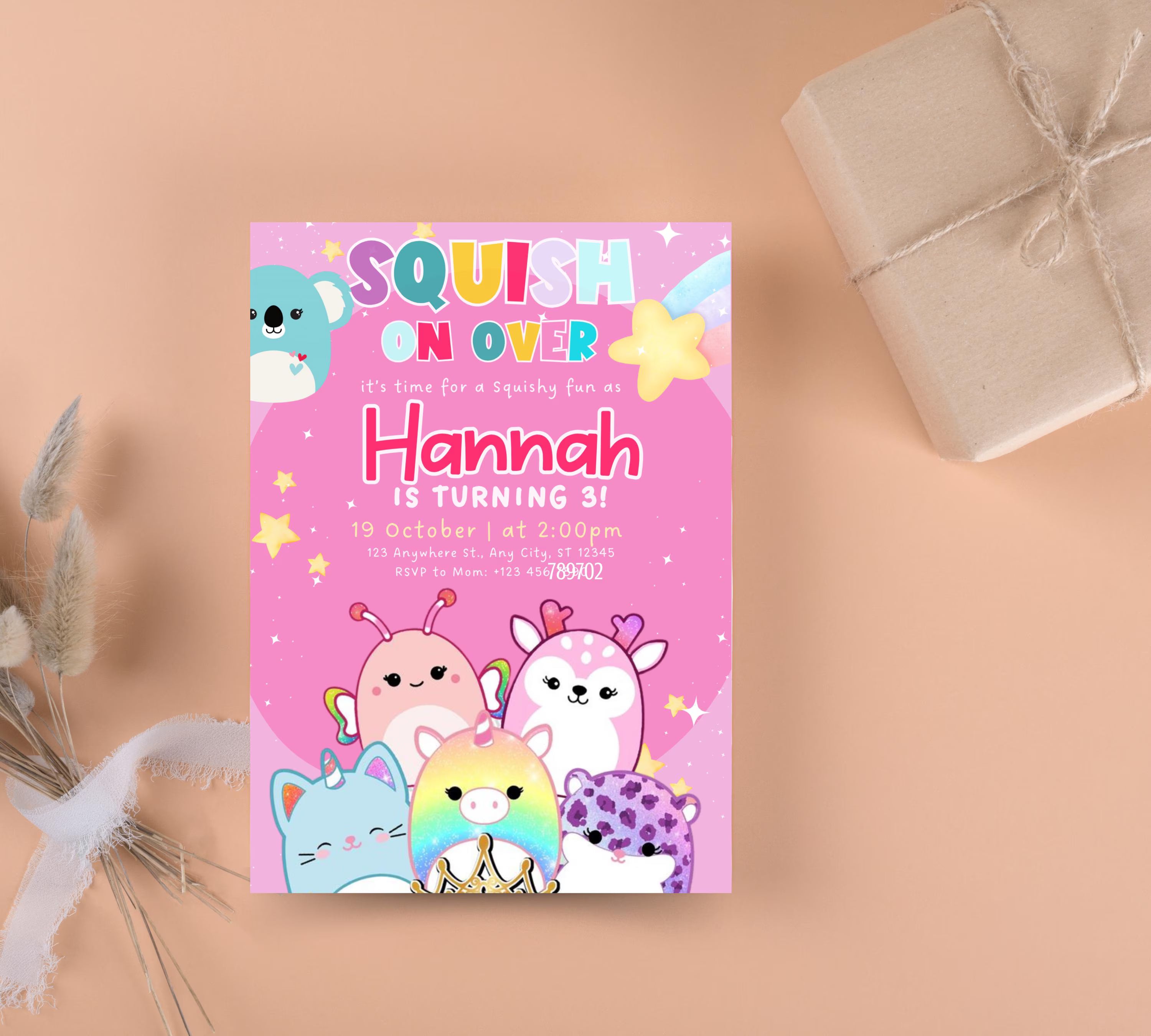 Editable Squishmallow Birthday Invitation, Squishmallow Invitation for Kids, Squish Birthday Party Invite, Digital Kids Party Invitation