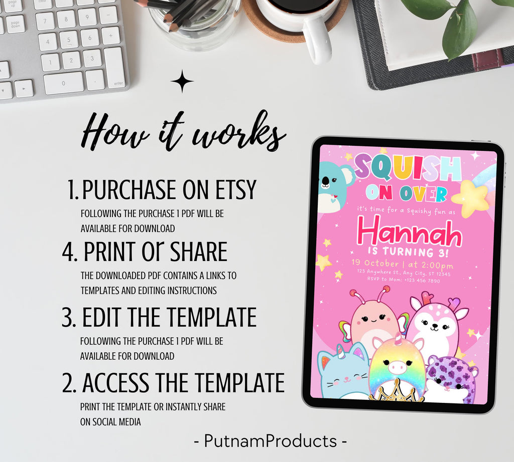 Editable Squishmallow Birthday Invitation, Squishmallow Invitation for Kids, Squish Birthday Party Invite, Digital Kids Party Invitation