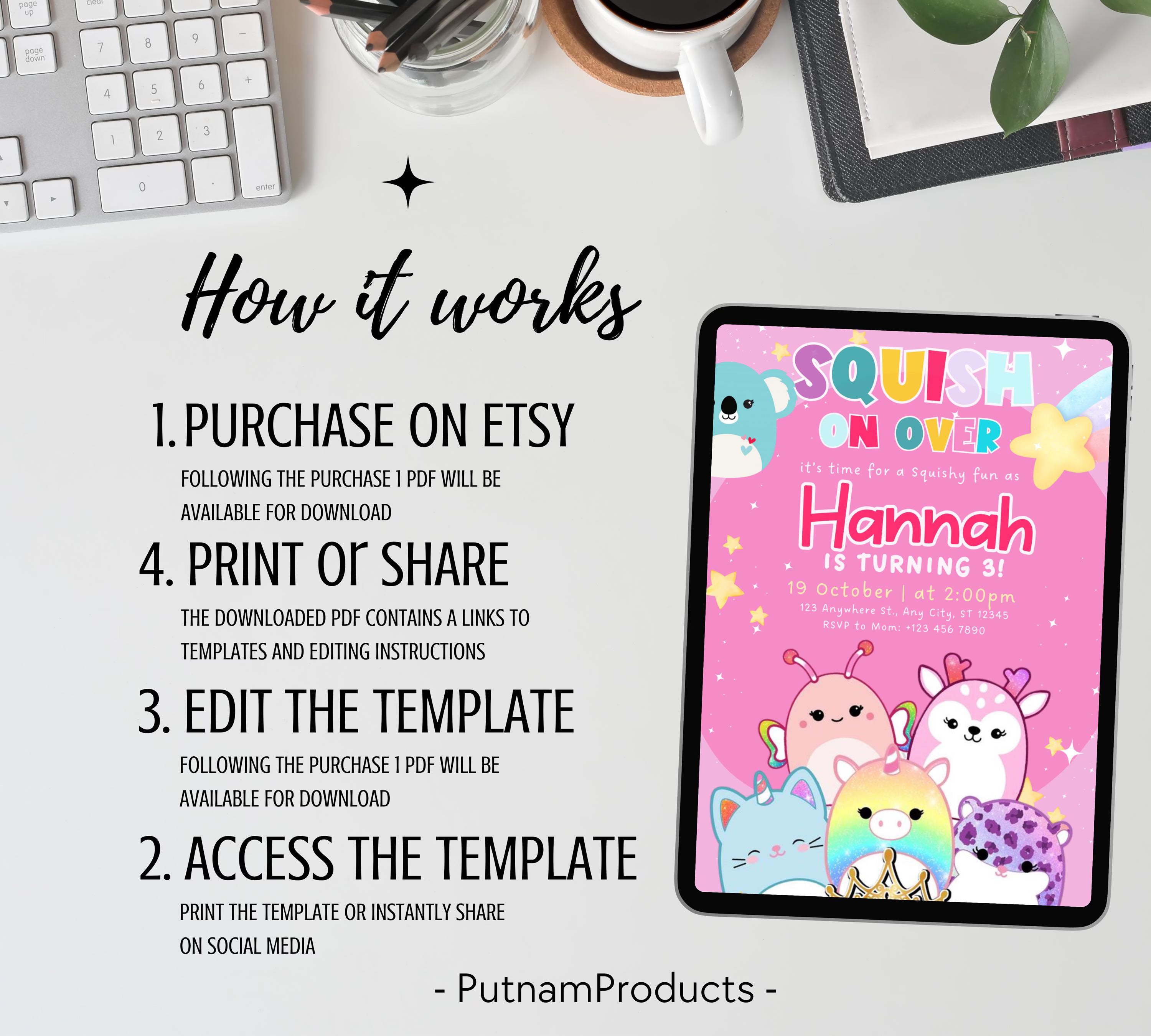 Editable Squishmallow Birthday Invitation, Squishmallow Invitation for Kids, Squish Birthday Party Invite, Digital Kids Party Invitation