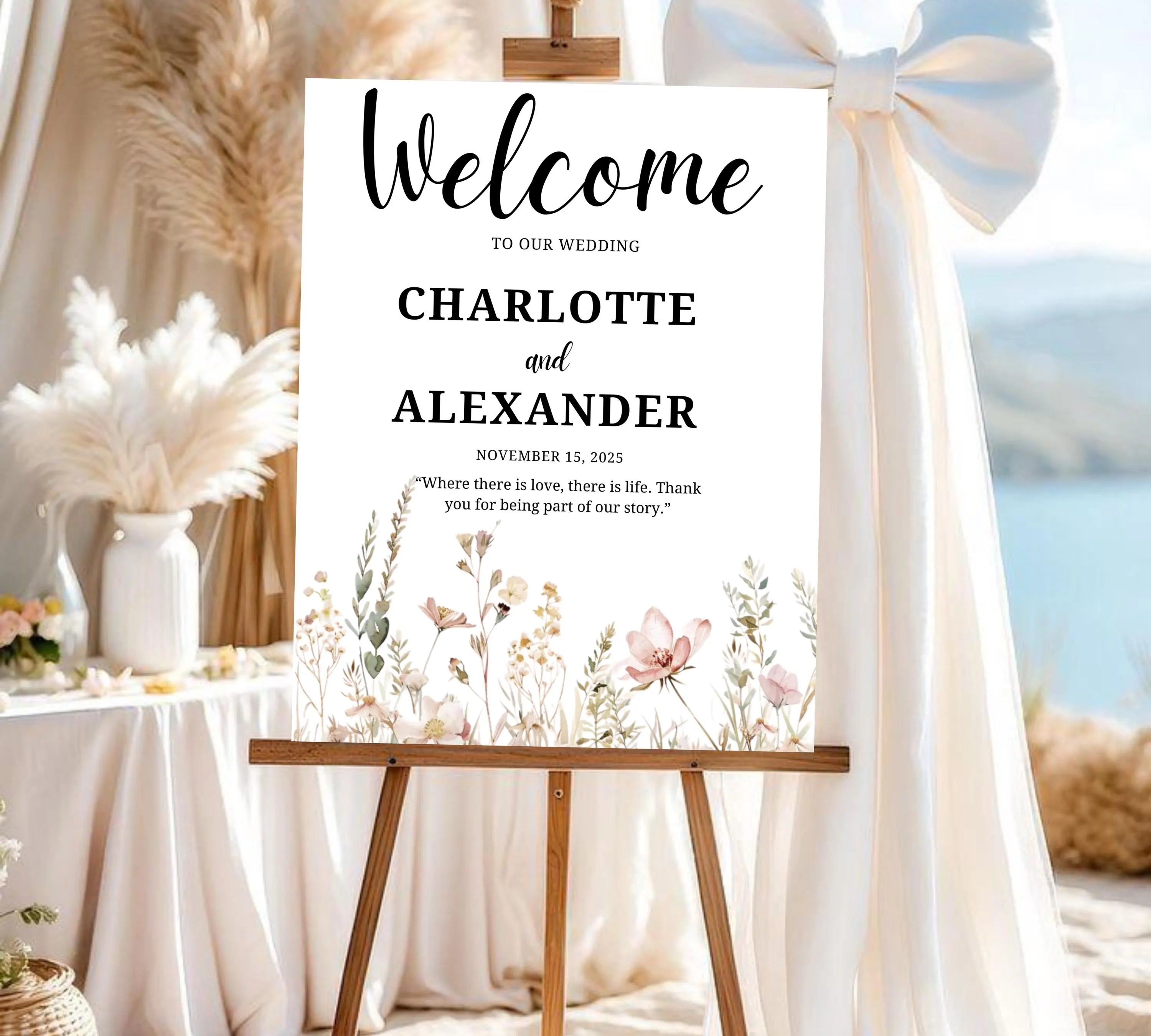 Vintage Botanical Wedding welcome sign, Floral Wedding Garden Party Poster, Boho Flowers Welcome Sign Template, Instant Download