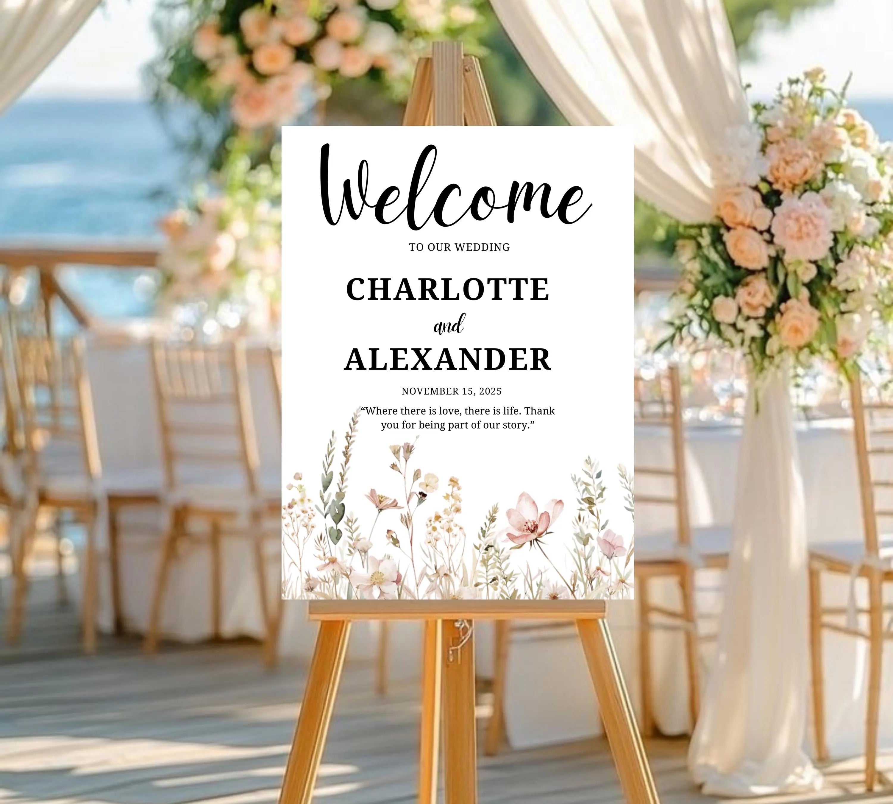 Vintage Botanical Wedding welcome sign, Floral Wedding Garden Party Poster, Boho Flowers Welcome Sign Template, Instant Download