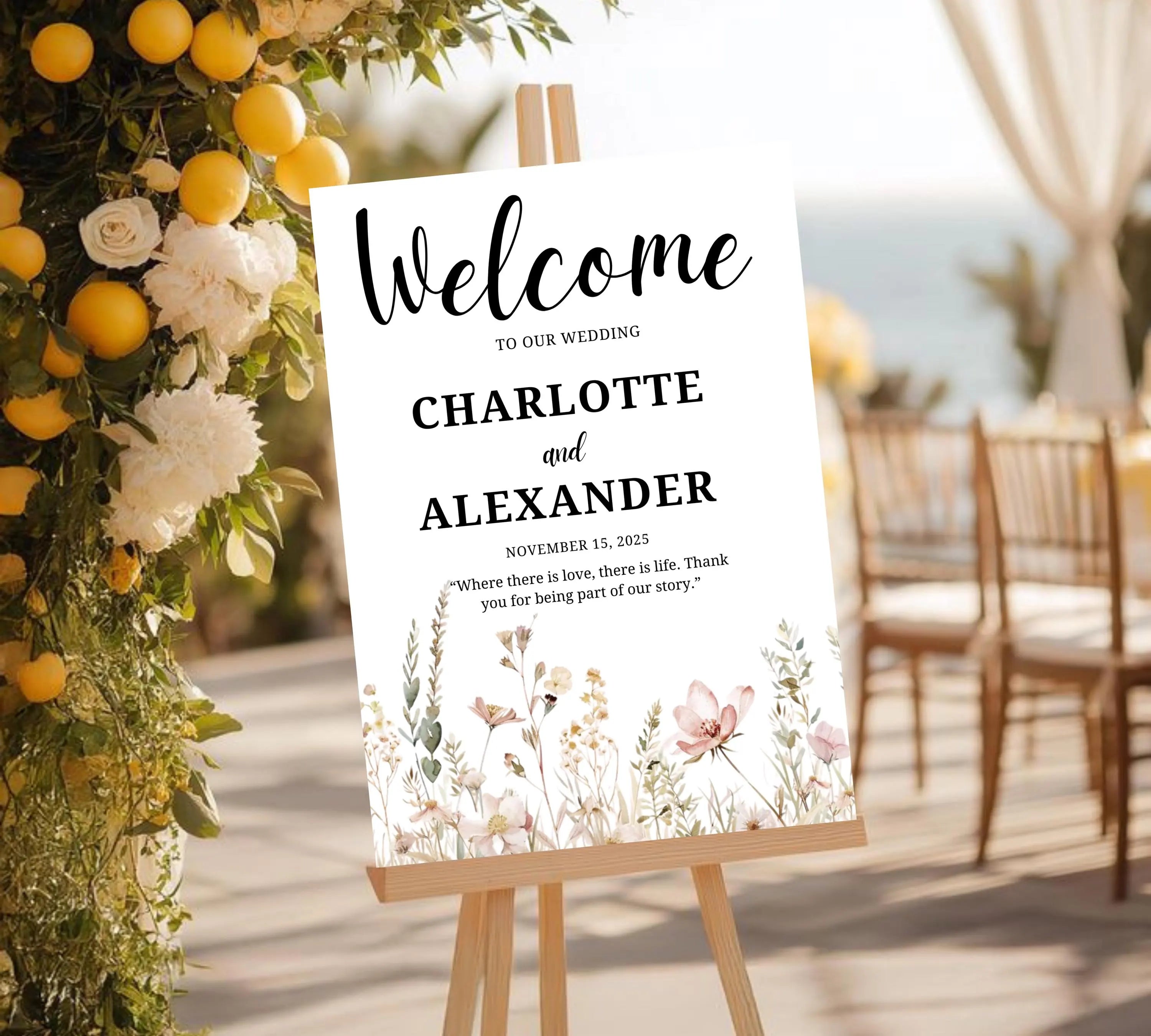 Vintage Botanical Wedding welcome sign, Floral Wedding Garden Party Poster, Boho Flowers Welcome Sign Template, Instant Download