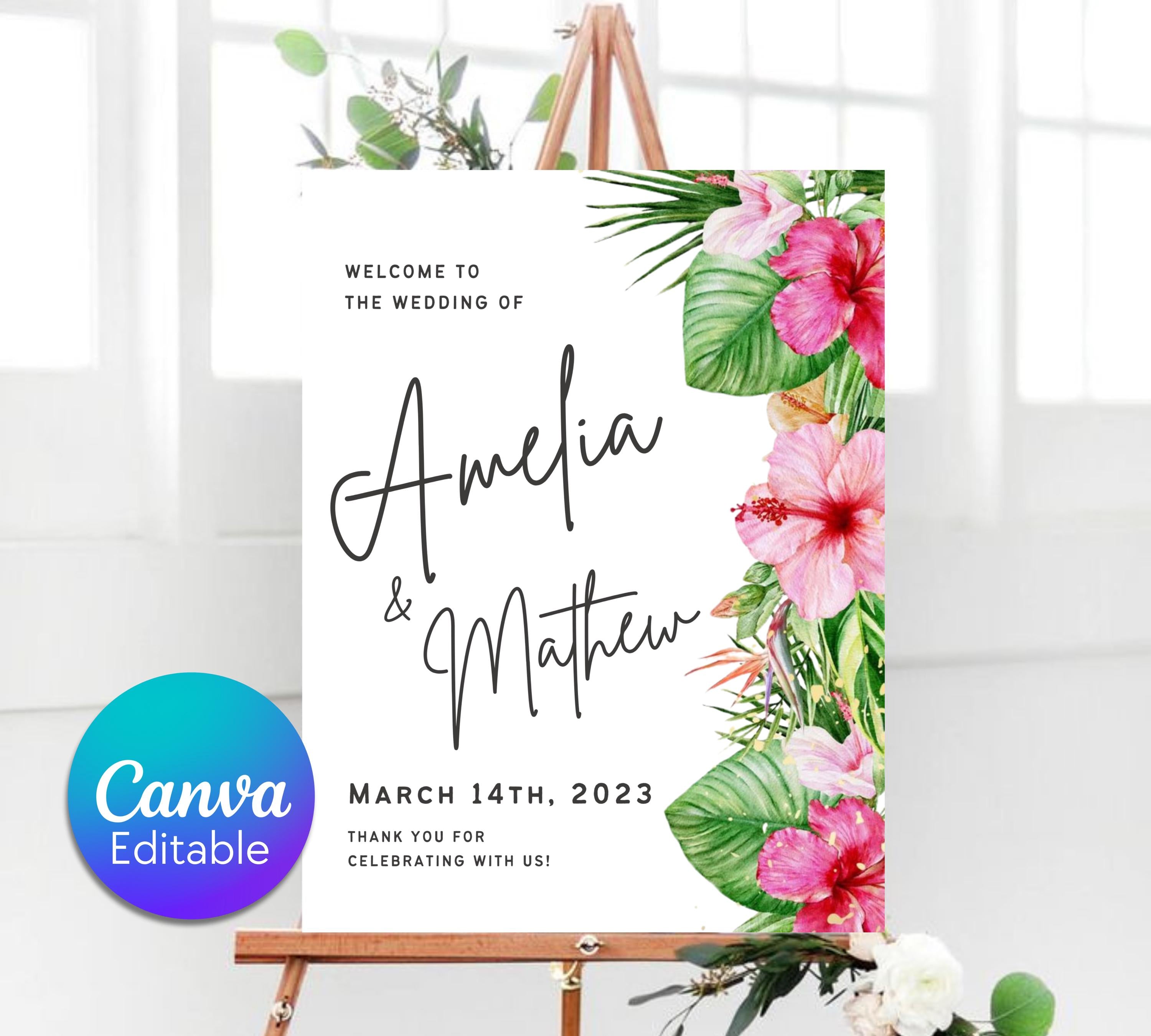 Tropical Wedding Welcome Sign, Editable Tropical Welcome Sign, Tropical Wedding Sign, Floral Theme Wedding Welcome Sign, Instant Download