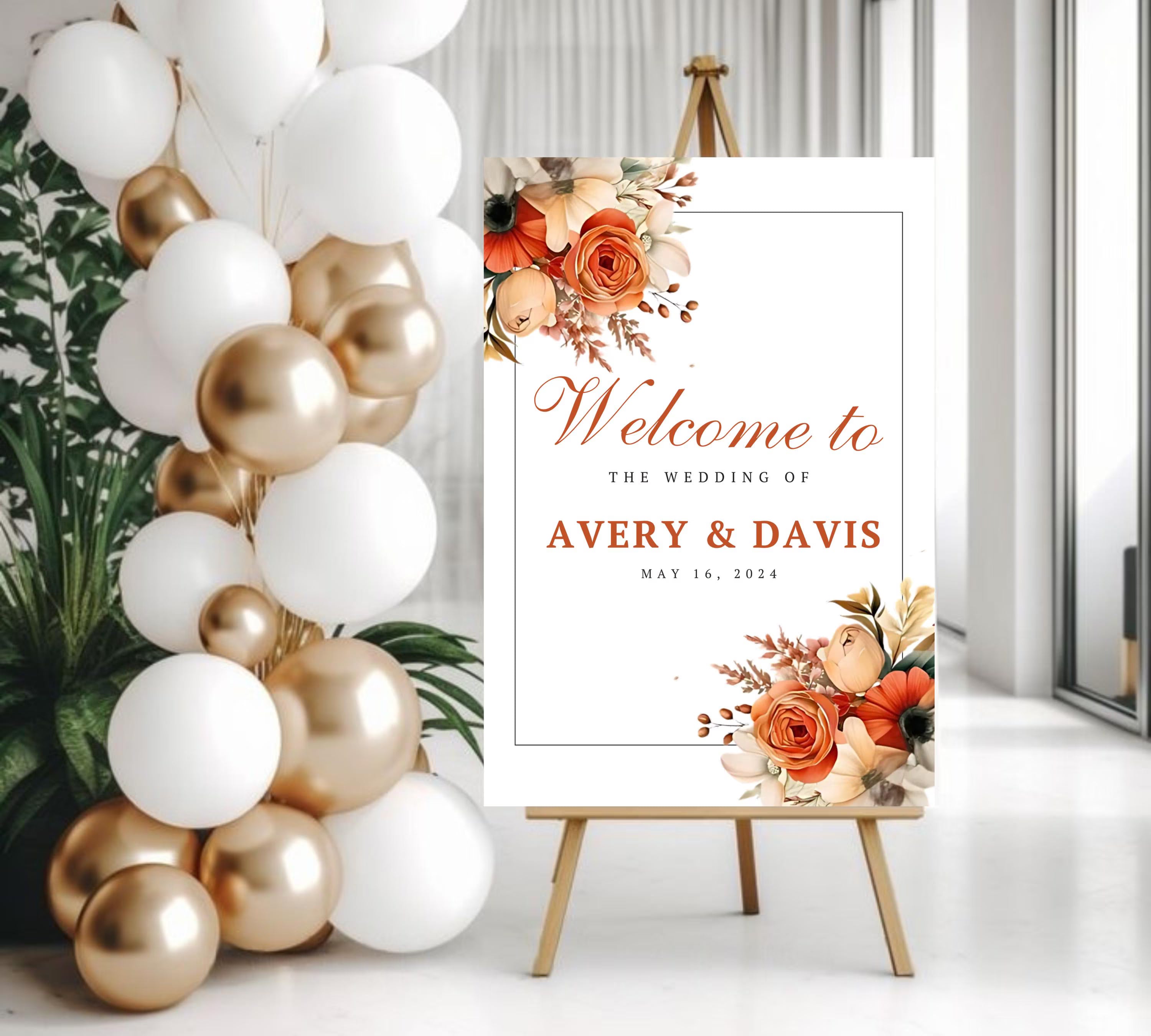 Editable Boho Terracotta Wedding Welcome Sign Template, Floral Burnt Orange Rose Reception Decor Sign, Printable Modern Elegant Wedding Sign