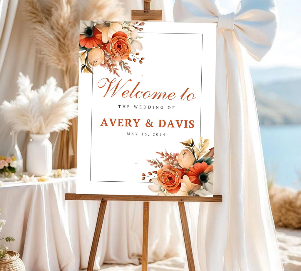 Editable Boho Terracotta Wedding Welcome Sign Template, Floral Burnt Orange Rose Reception Decor Sign, Printable Modern Elegant Wedding Sign