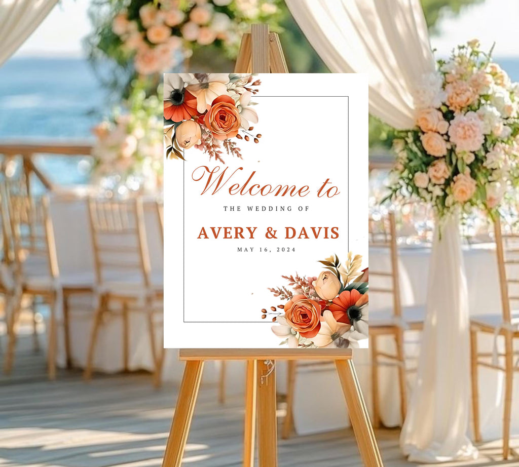 Editable Boho Terracotta Wedding Welcome Sign Template, Floral Burnt Orange Rose Reception Decor Sign, Printable Modern Elegant Wedding Sign