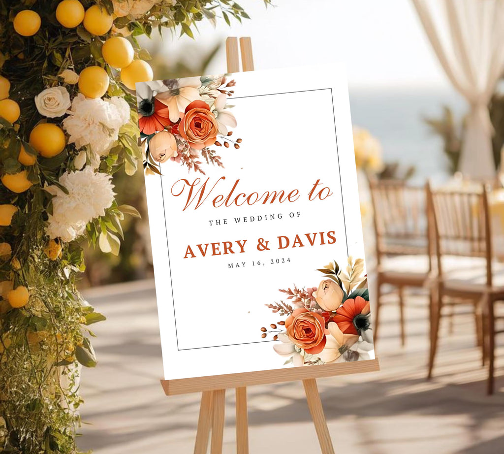Editable Boho Terracotta Wedding Welcome Sign Template, Floral Burnt Orange Rose Reception Decor Sign, Printable Modern Elegant Wedding Sign