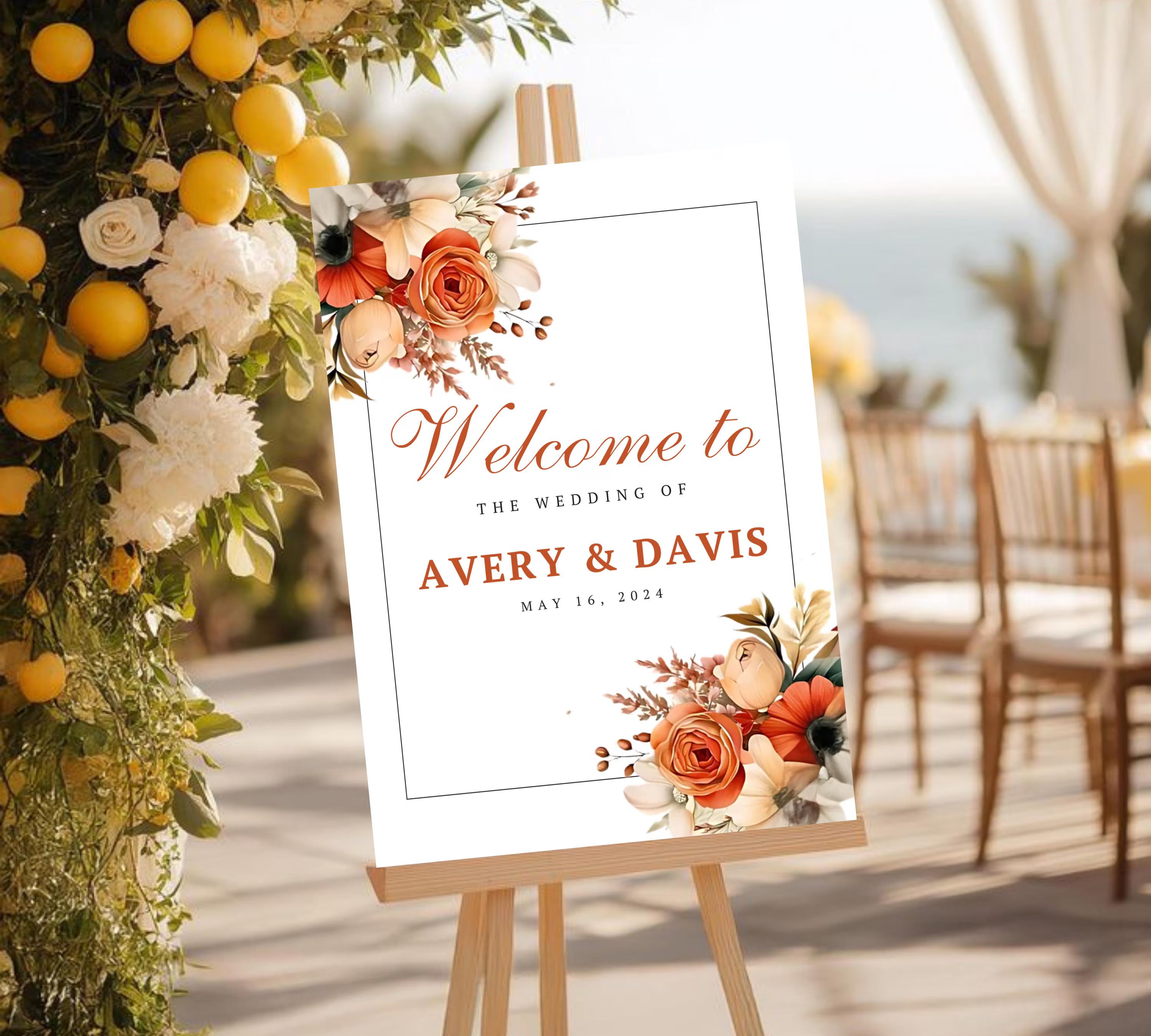 Editable Boho Terracotta Wedding Welcome Sign Template, Floral Burnt Orange Rose Reception Decor Sign, Printable Modern Elegant Wedding Sign