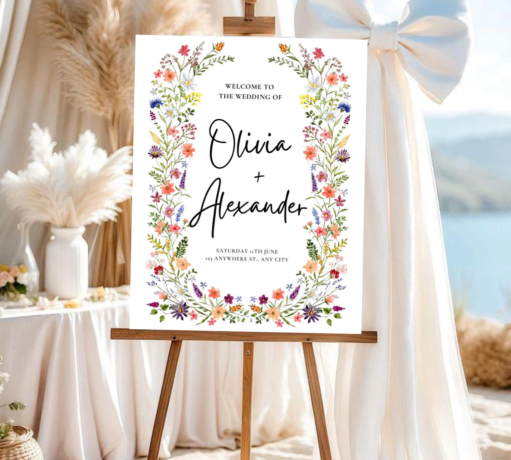 Spring Garden Wedding Welcome Sign Template, Pastel Floral Love is in Bloom Wedding Decor, Summer Wildflower Bouquet, Instant Download