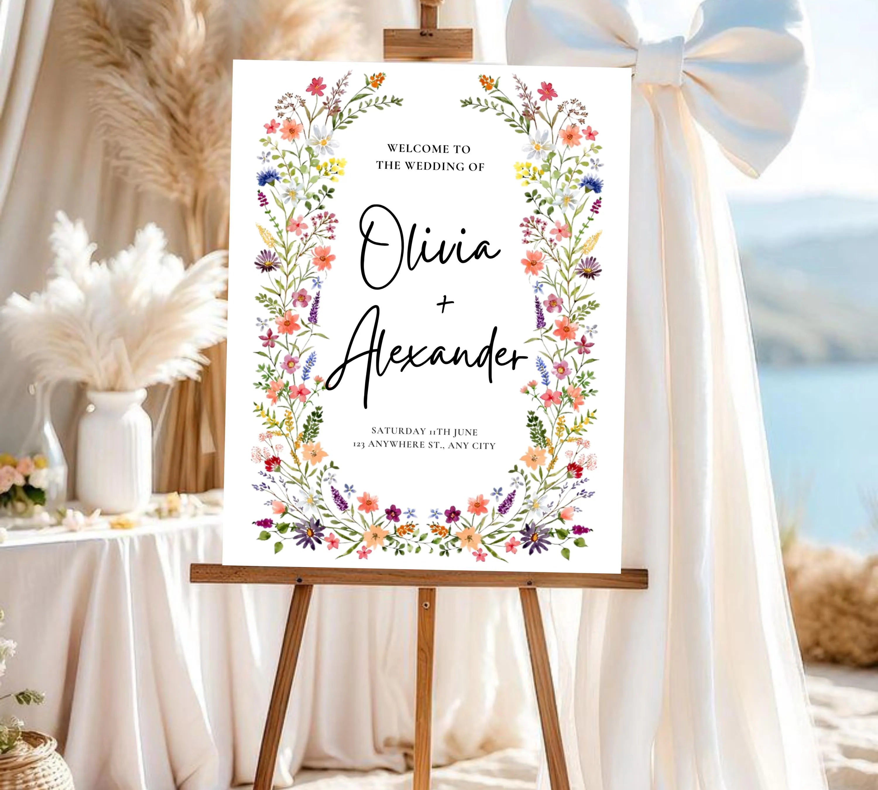 Spring Garden Wedding Welcome Sign Template, Pastel Floral Love is in Bloom Wedding Decor, Summer Wildflower Bouquet, Instant Download